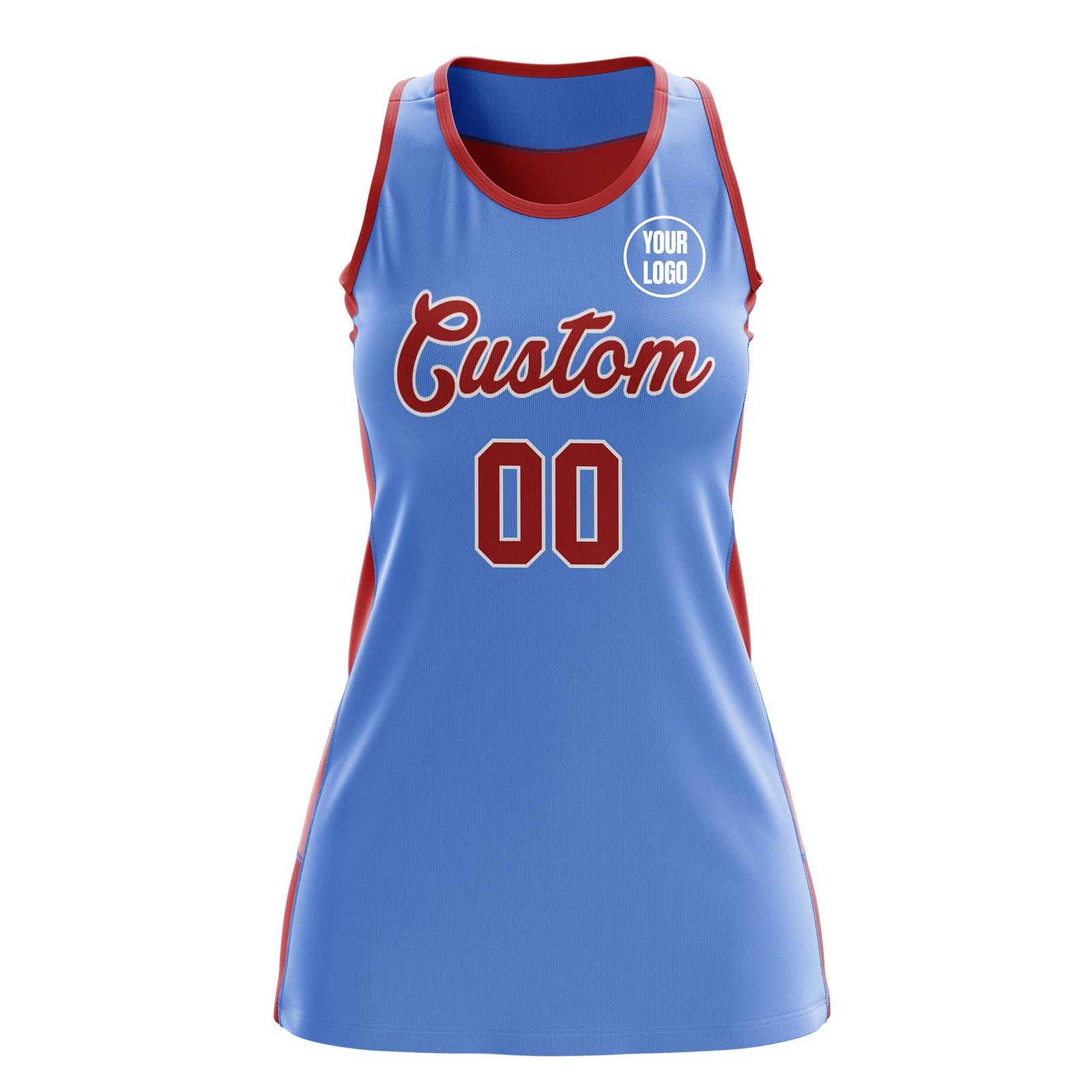 Custom Netball Dress | Powder Blue Red Classic Style Two-Tone Match Day Uniform