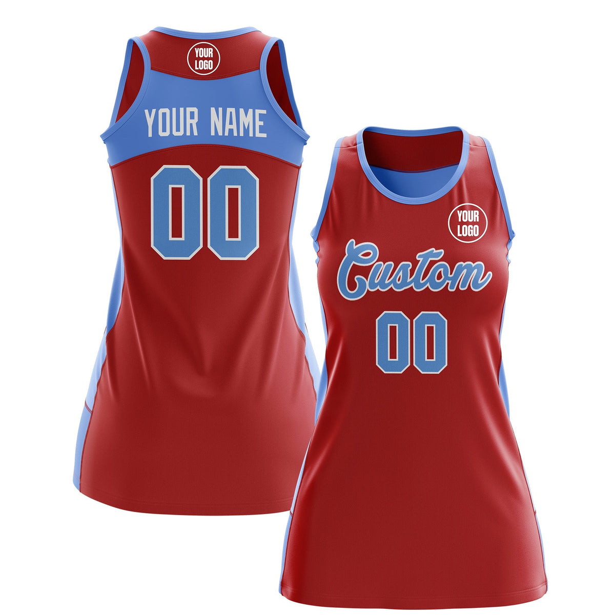 Custom Netball Dress | Red Powder Blue Classic Style Two-Tone Breathable Performance Sportswear