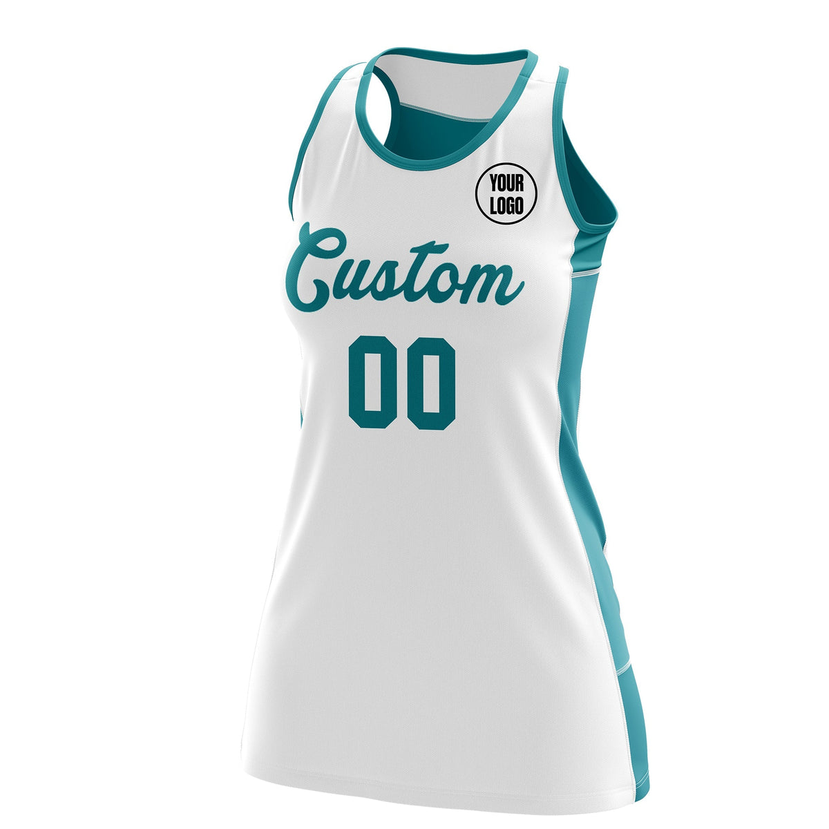 Custom Netball Dress | White Teal Classic Style Two-Tone Professional Team Uniforms