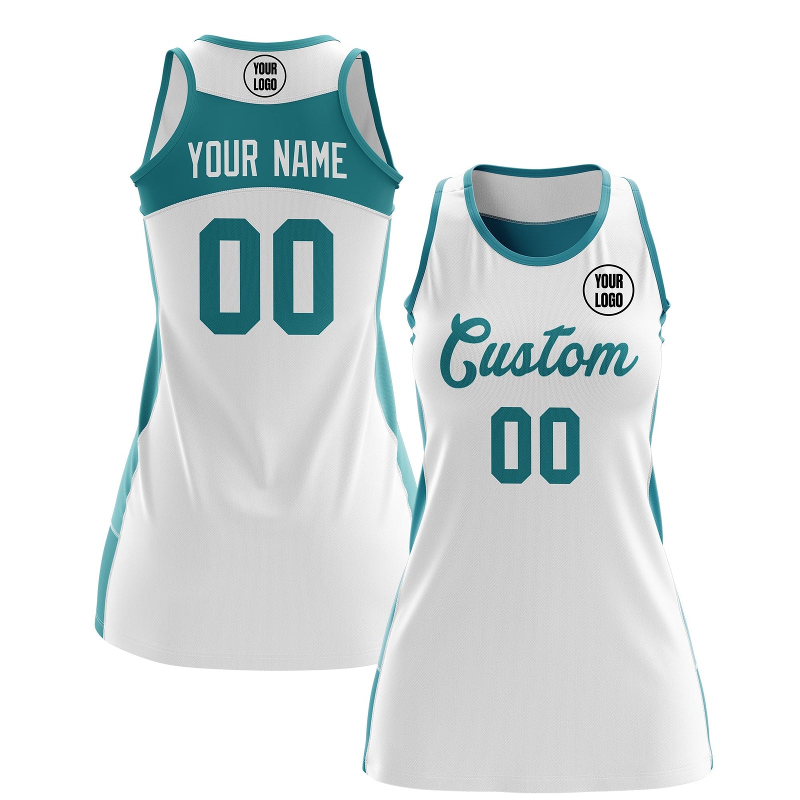 Custom Netball Dress | White Teal Classic Style Two-Tone Professional Team Uniforms