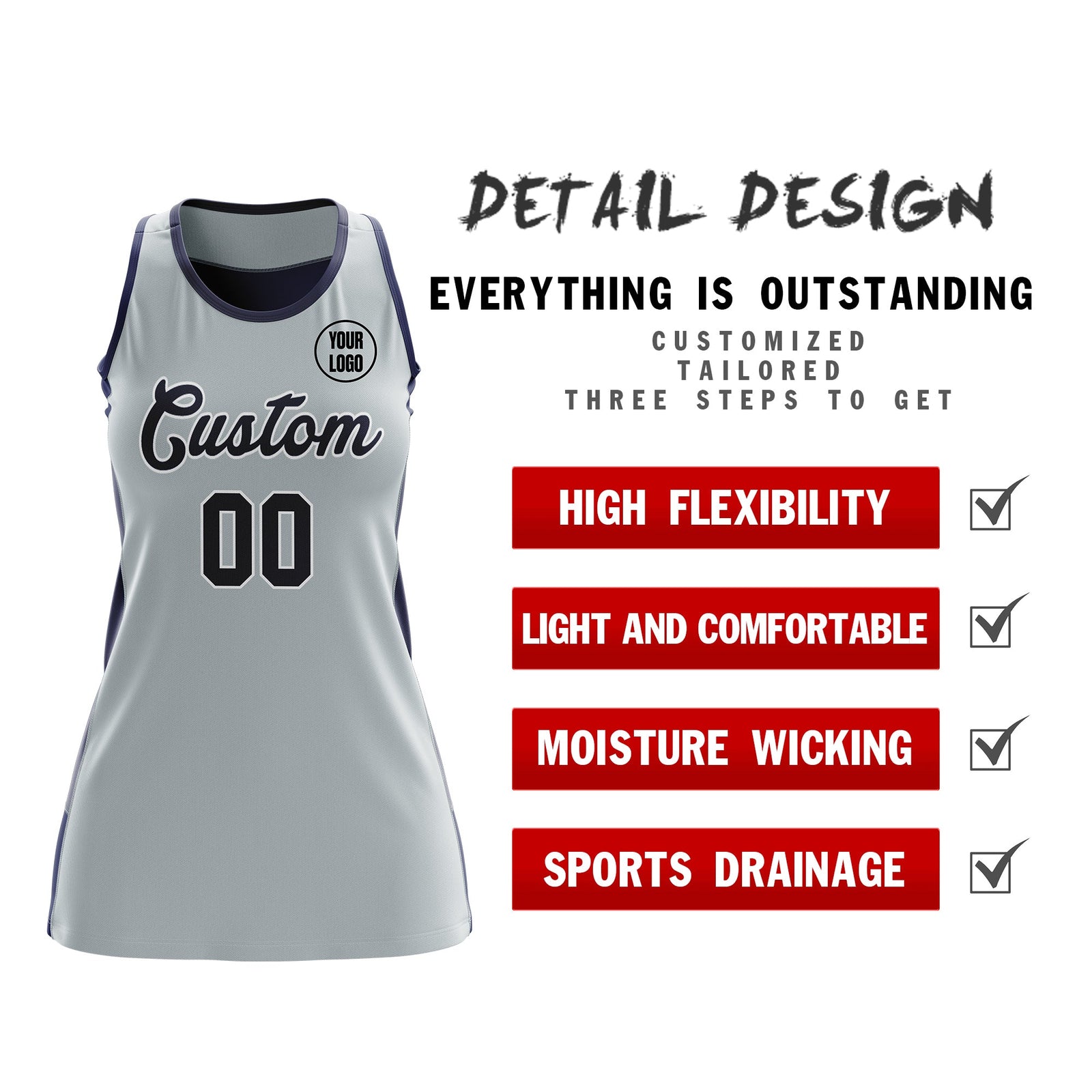 Custom Netball Dress | Silver Navy Classic Style Two-Tone Match Day Uniform