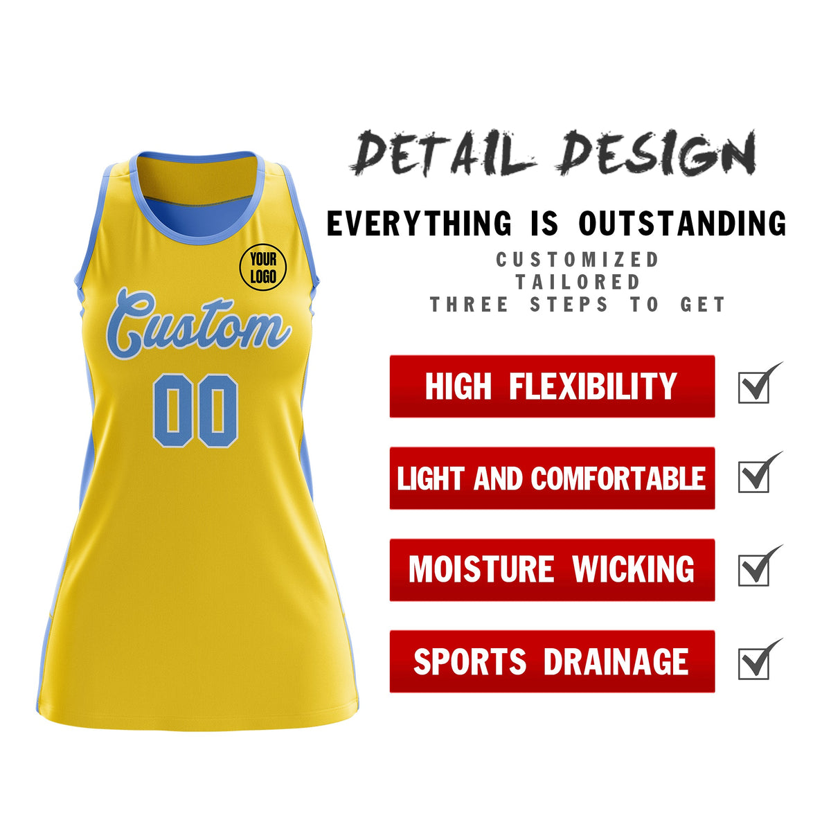 Custom Netball Dress | Gold Powder Blue Classic Style Two-Tone Breathable Performance Sportswear