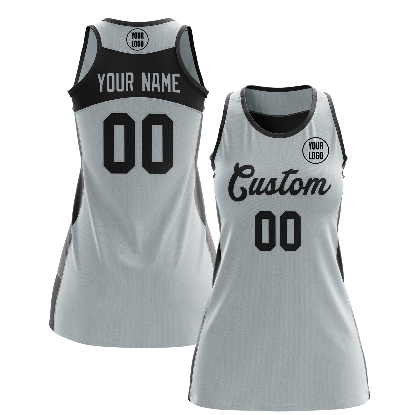 Custom Netball Dress | Silver Black Classic Style Two-Tone Match Day Uniform