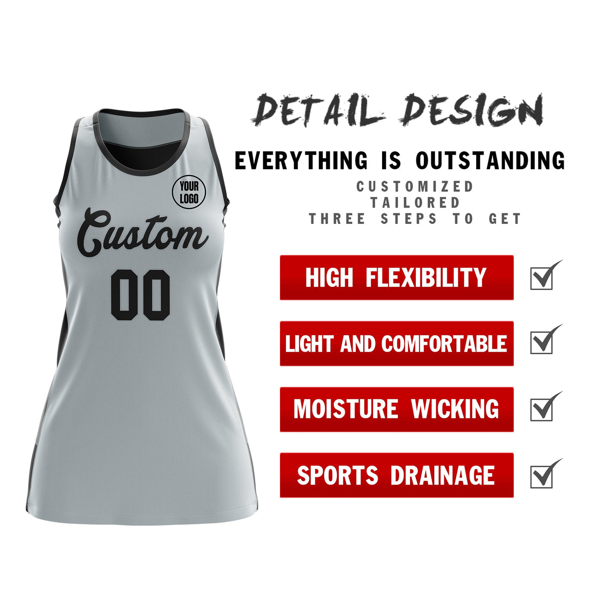 Custom Netball Dress | Silver Black Classic Style Two-Tone Match Day Uniform