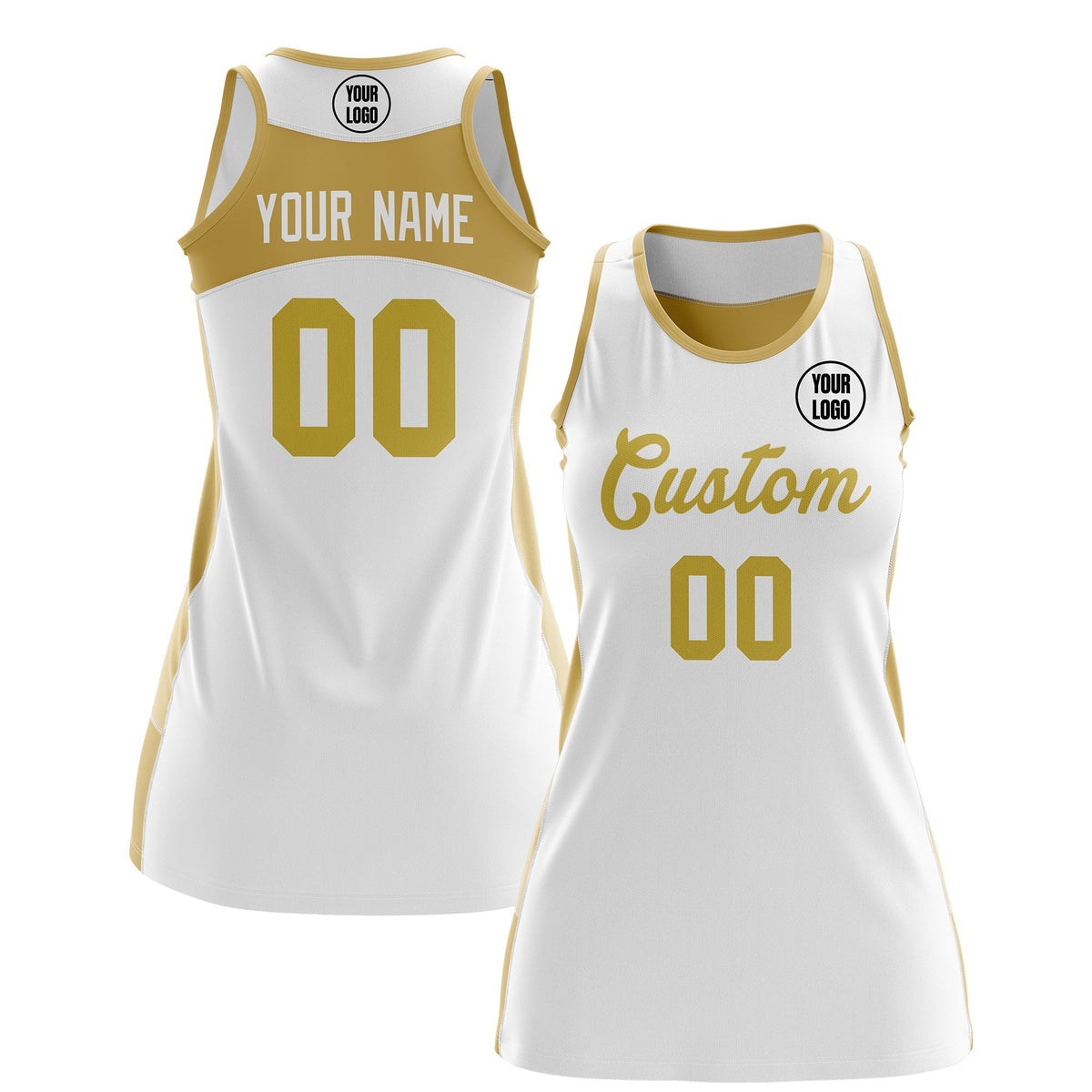 Custom Netball Dress | White Old Gold Classic Style Two-Tone Breathable Performance Sportswear