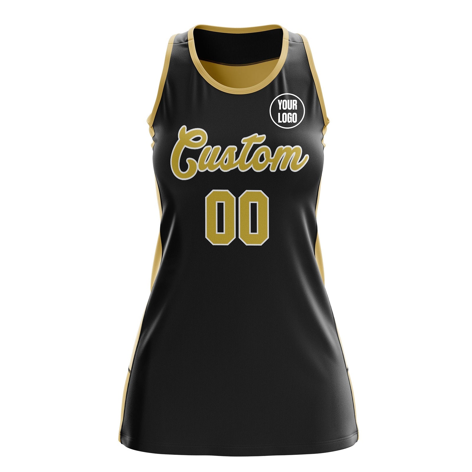 Custom Netball Dress | Black Old Gold Classic Style Two-Tone Professional Team Uniforms
