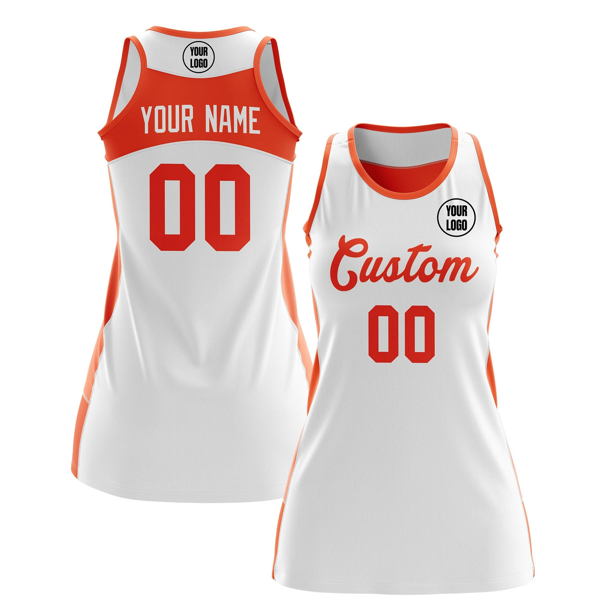 Custom Netball Dress | White Orange Classic Style Two-Tone Match Day Uniform