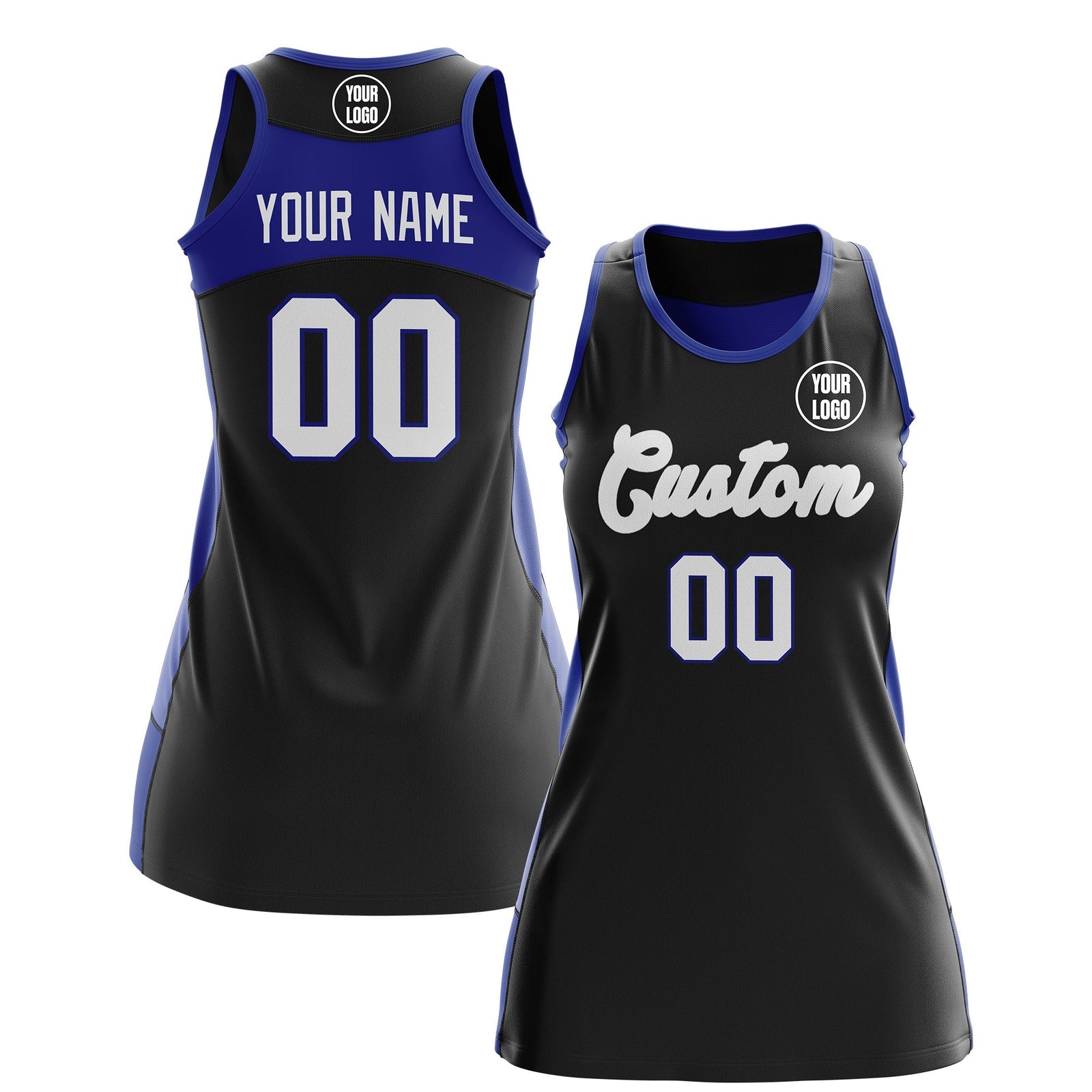 Custom Netball Dress | Black Royal Blue Classic Style Two-Tone Professional Team Uniforms
