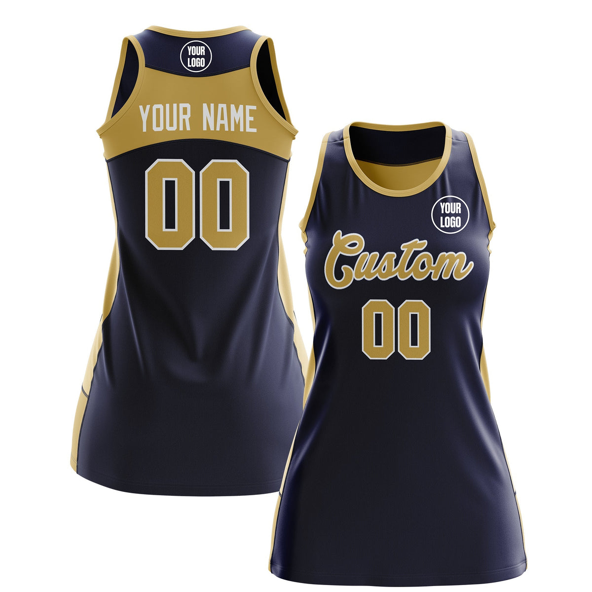 Custom Netball Dress | Navy Old Gold Classic Style Two-Tone Match Day Uniform