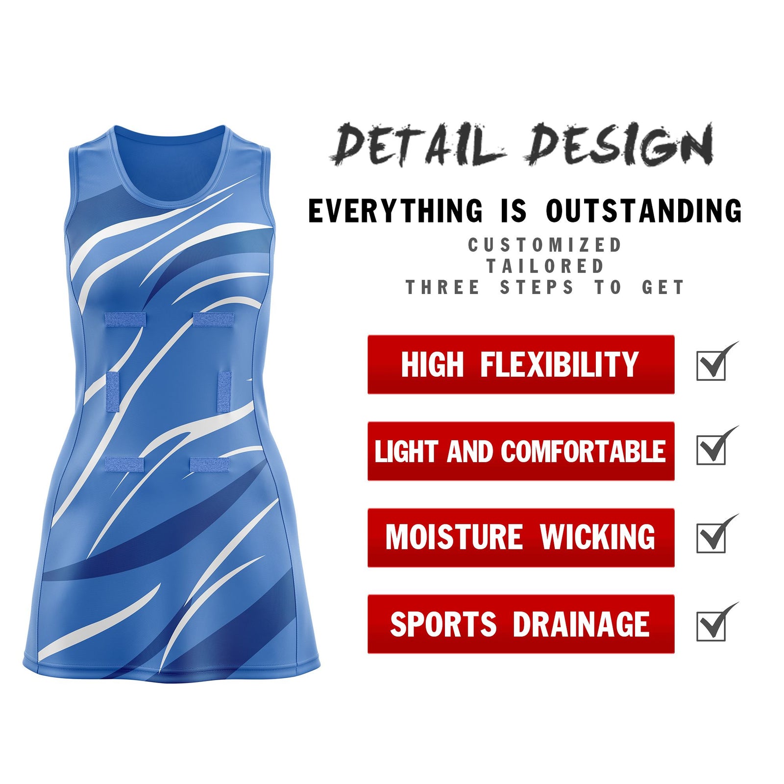 Custom Powder Blue Royal Dynamic Stripes Lightweight & Drapable Netball Dress