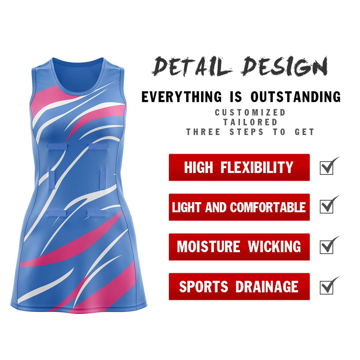 Custom Powder Blue Pink Dynamic Stripes Wrinkle-Resistant Netball Dress