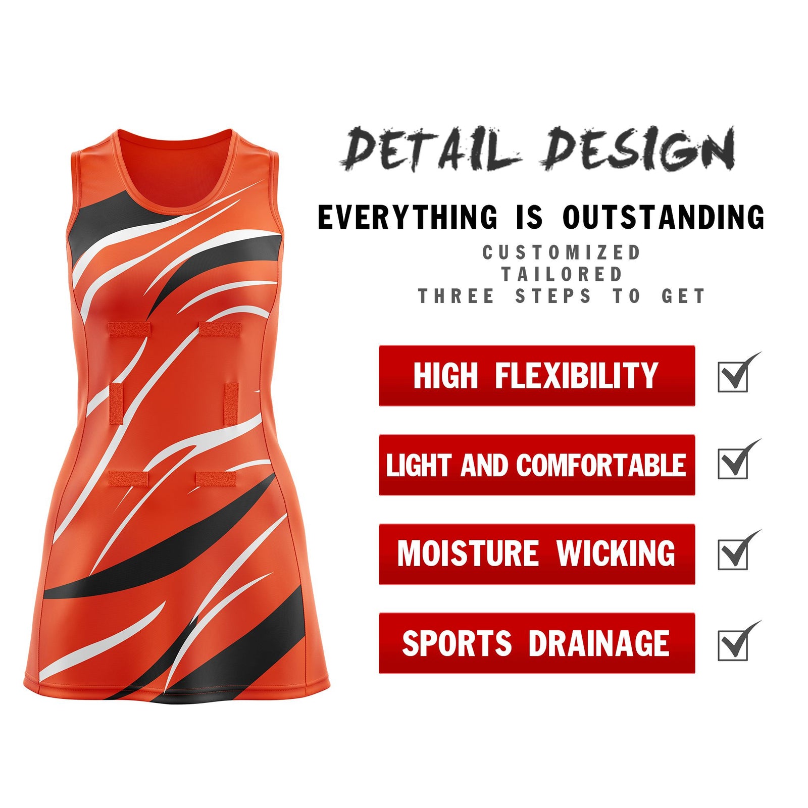 Custom Orange Black Dynamic Stripes Breathable & Quick-Drying Netball Dress
