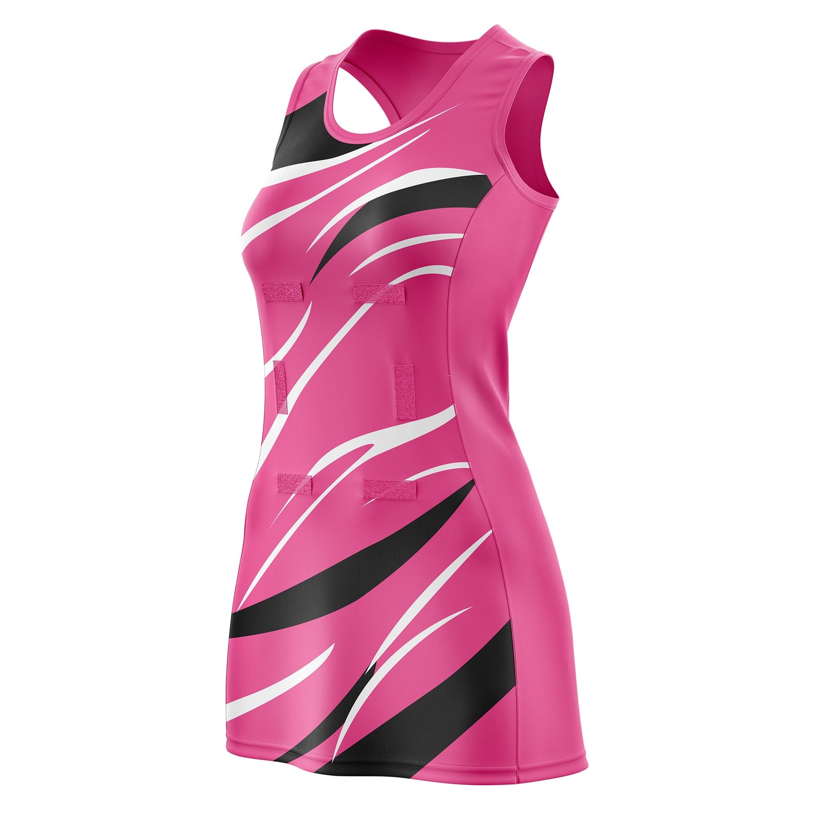 Custom Pink Black Dynamic Stripes Lightweight & Drapable Netball Dress