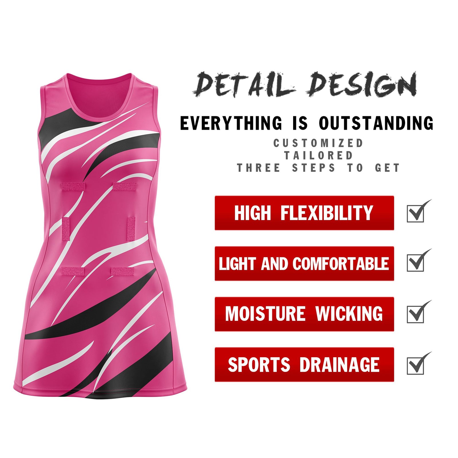 Custom Pink Black Dynamic Stripes Lightweight & Drapable Netball Dress