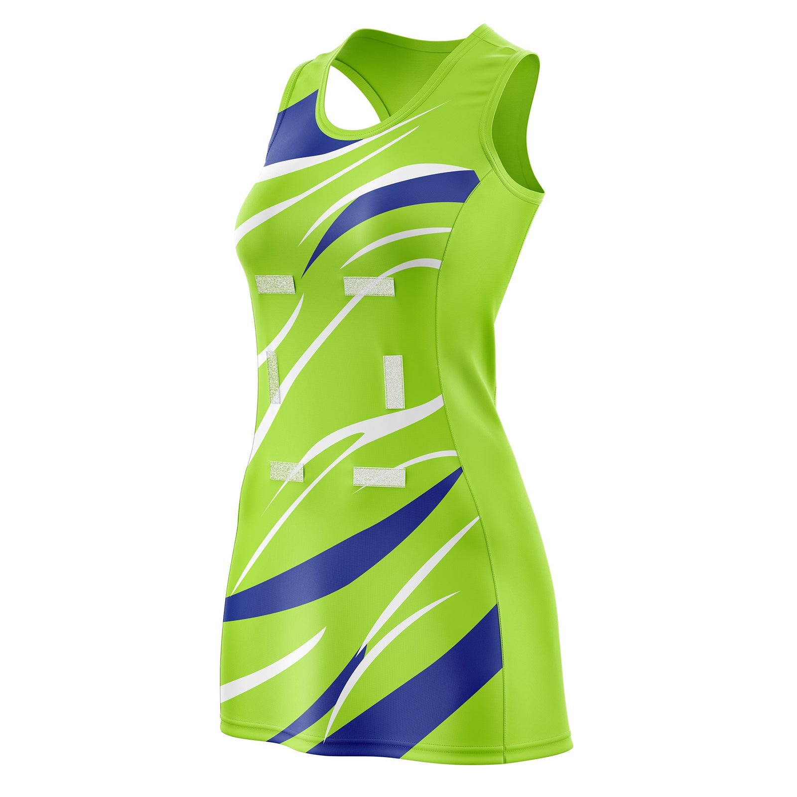 Custom Neon Green Royal Blue Dynamic Stripes Breathable & Quick-Drying Netball Dress