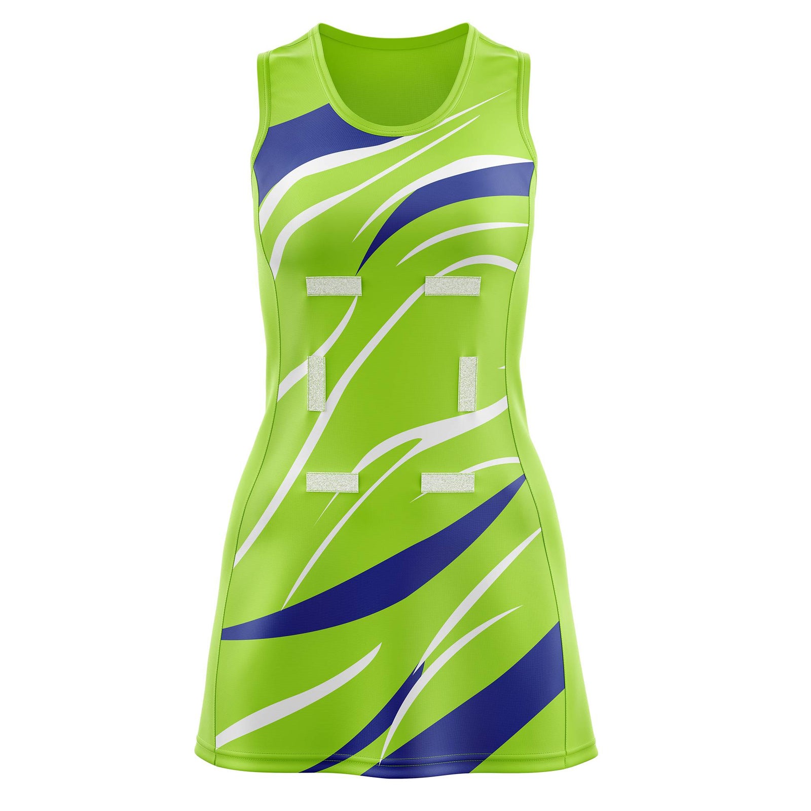 Custom Neon Green Royal Blue Dynamic Stripes Breathable & Quick-Drying Netball Dress