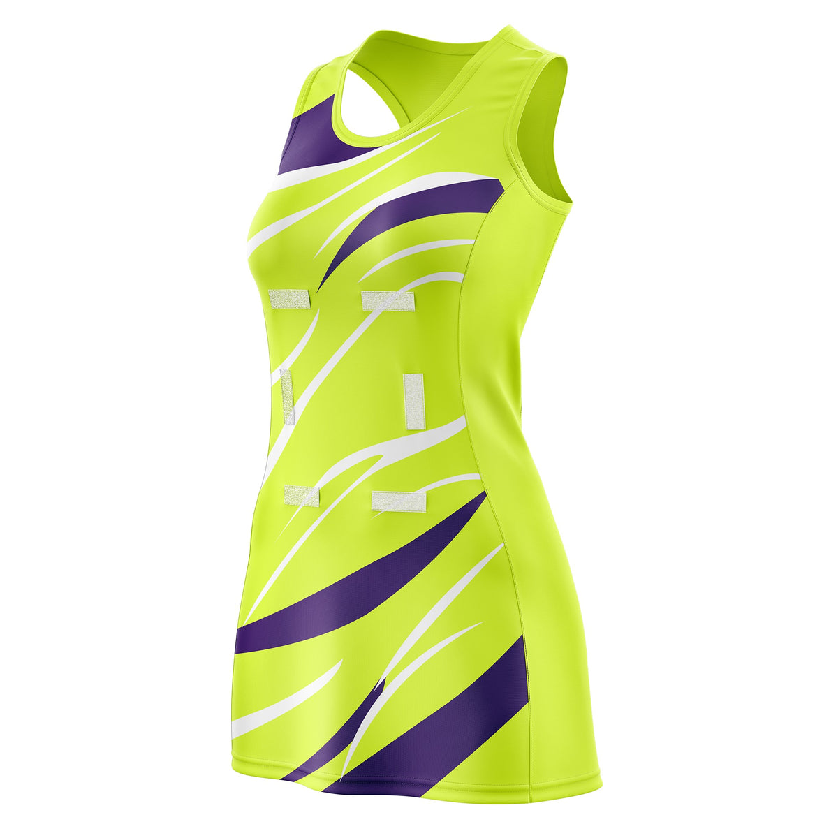 Custom Fluorescent Green Purple Dynamic Stripes Breathable &amp; Quick-Drying Netball Dress