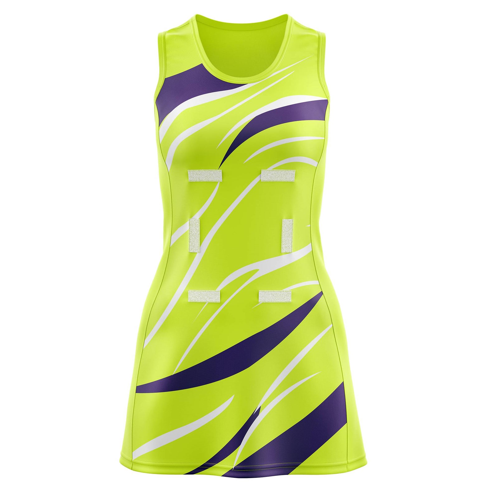 Custom Fluorescent Green Purple Dynamic Stripes Breathable & Quick-Drying Netball Dress