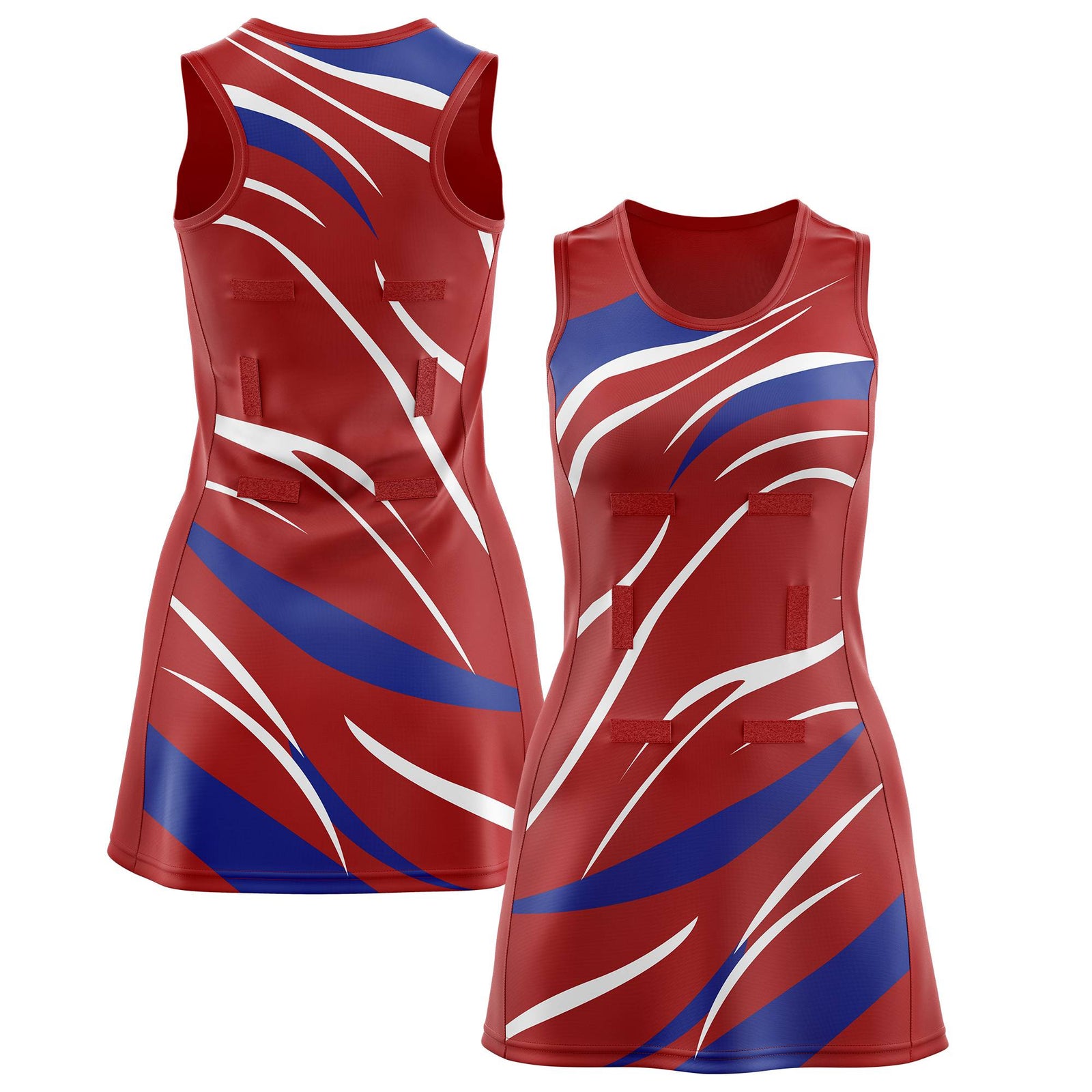 Custom Red Royal Blue Dynamic Stripes Lightweight & Drapable Netball Dress |KXKSHOP