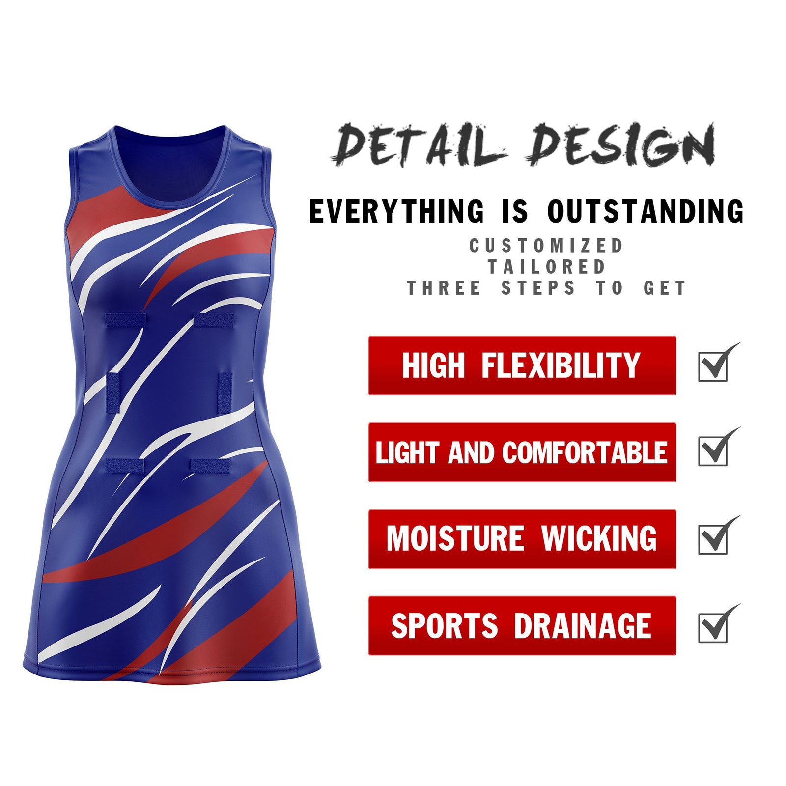 Custom Royal Blue Red Dynamic Stripes Wrinkle-Resistant Netball Dress
