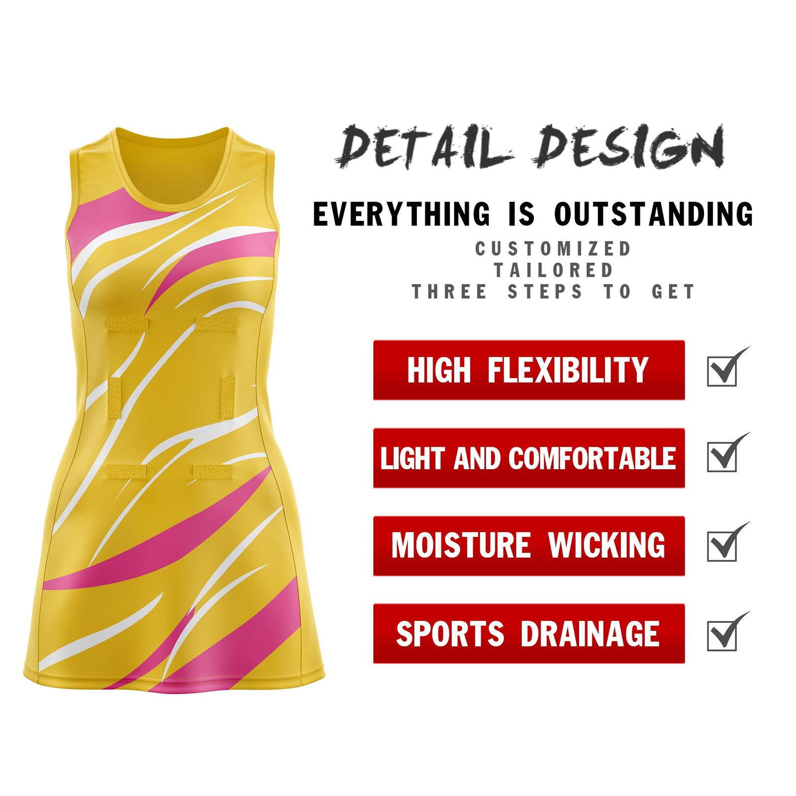 Custom Gold Pink Dynamic Stripes Lightweight & Drapable Netball Dress