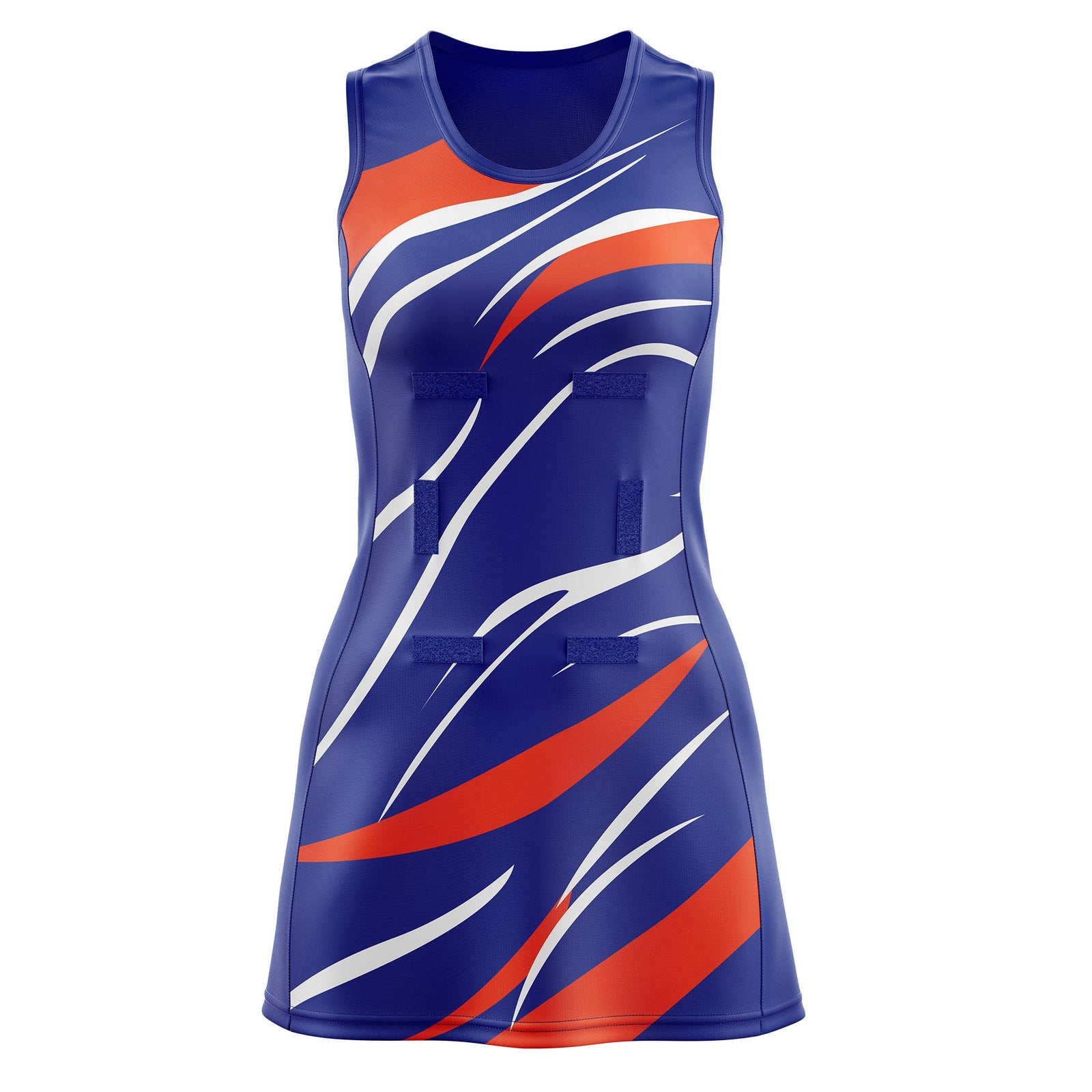 Custom Royal Blue Orange Dynamic Stripes Wrinkle-Resistant Netball Dress
