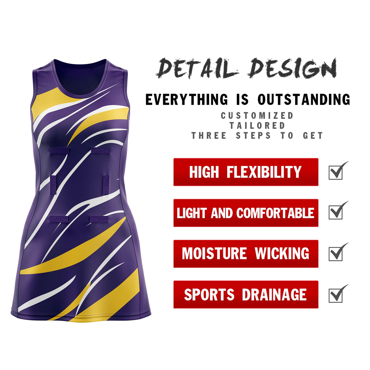 Custom Purple Gold Dynamic Stripes Moisture-Wicking Netball Dress