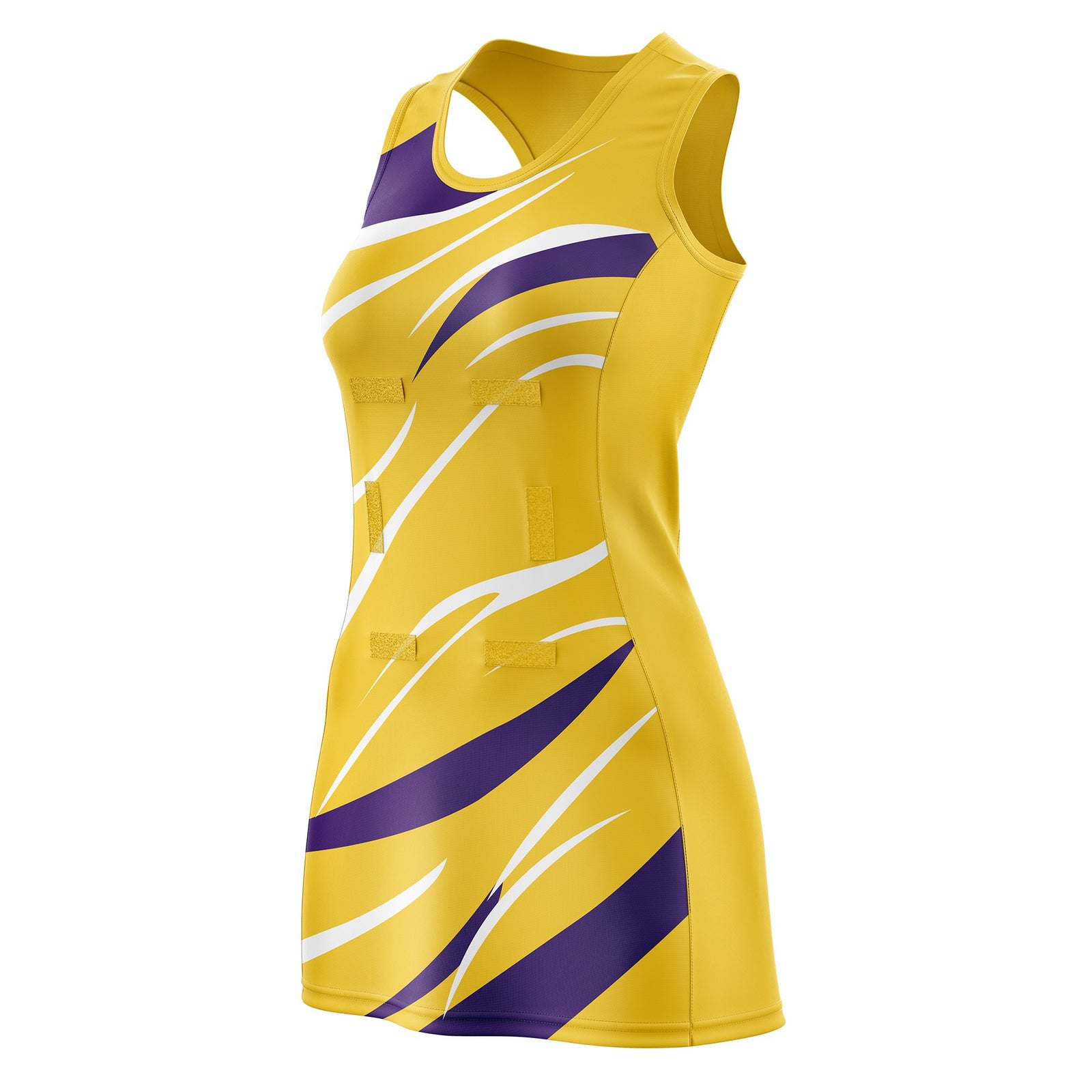 Custom Gold Purple Dynamic Stripes Breathable & Quick-Drying Netball Dress