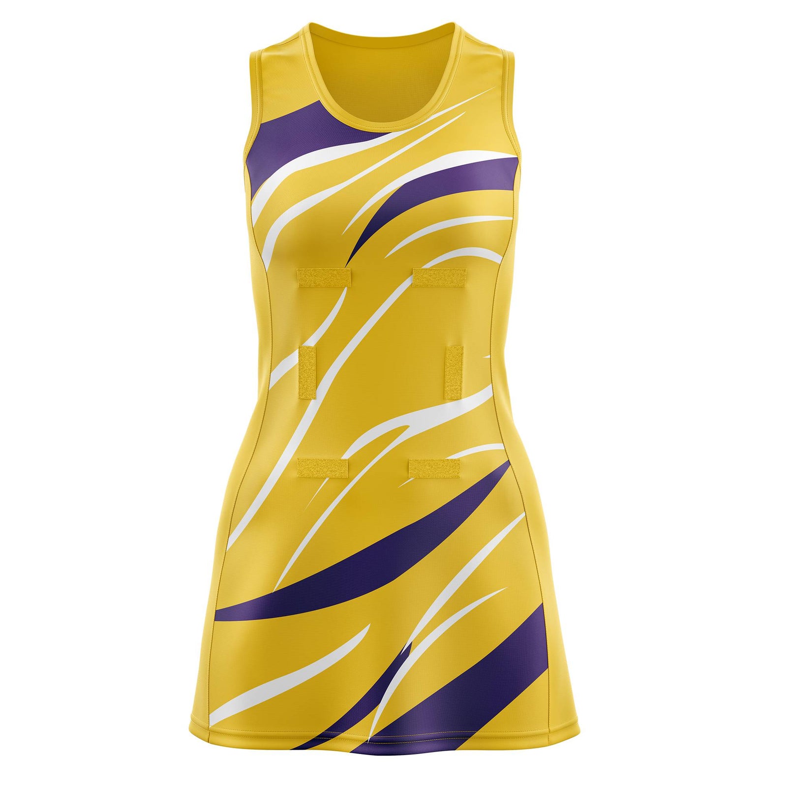 Custom Gold Purple Dynamic Stripes Breathable & Quick-Drying Netball Dress