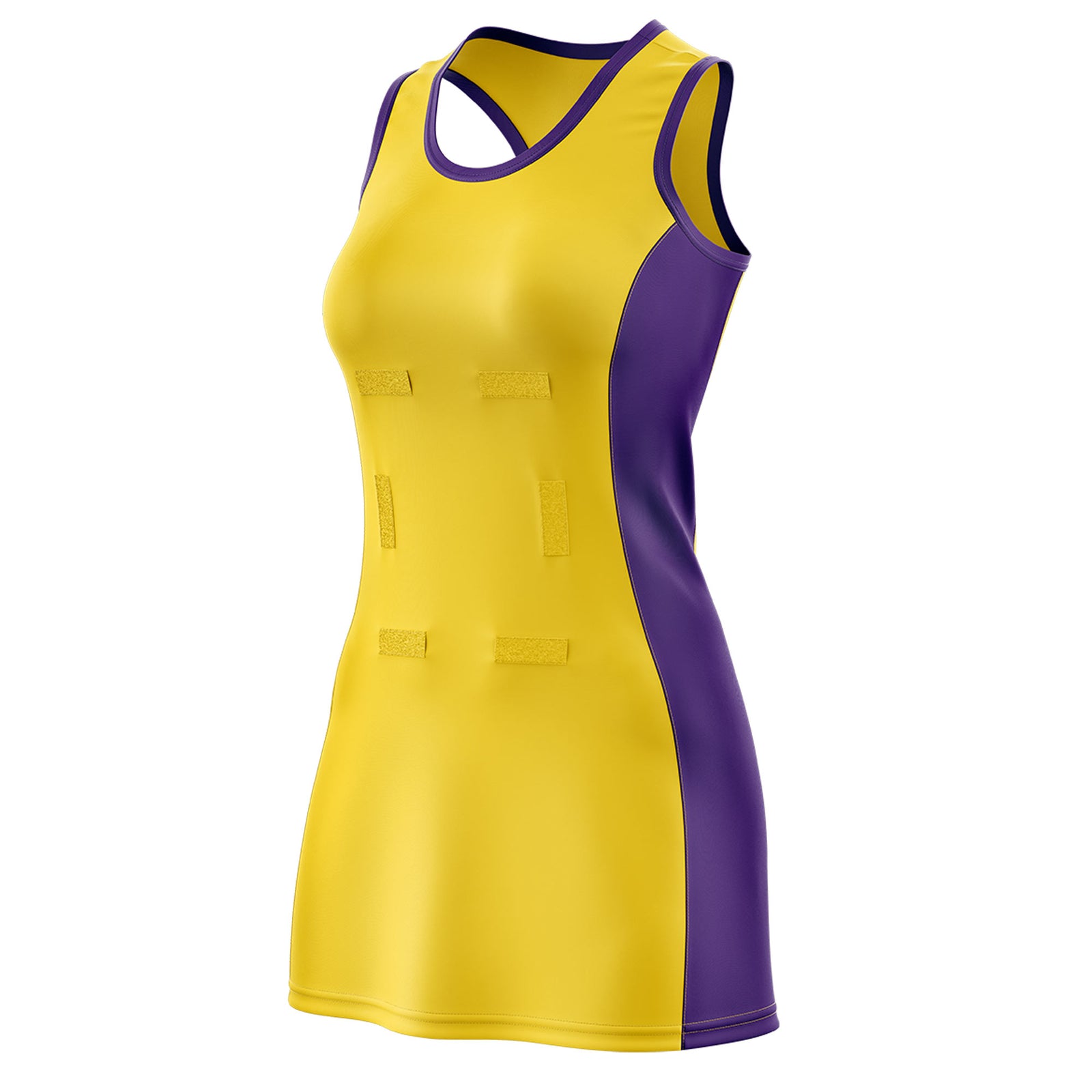 Custom Gold Purple Color Block Two Tone Netball Dresses