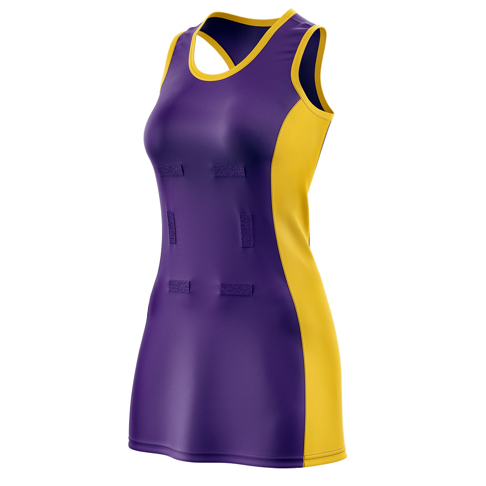 Custom Purple Gold Color Block Two Tone Netball Dresses