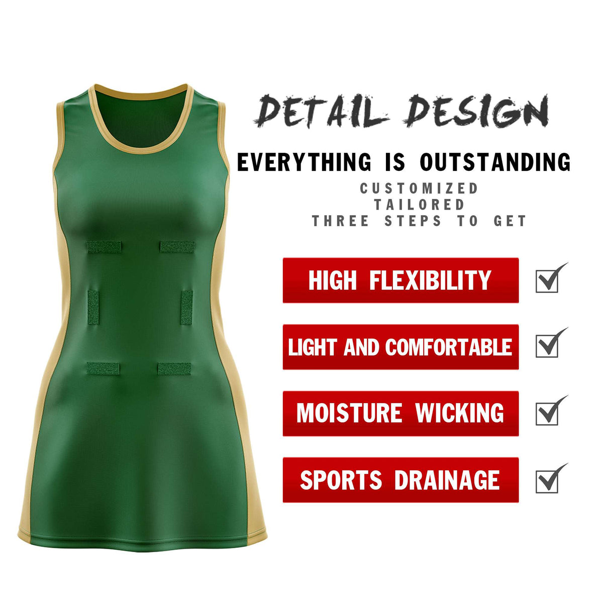 Custom Kelly Green Old Gold Color Block Two Tone Netball Dresses