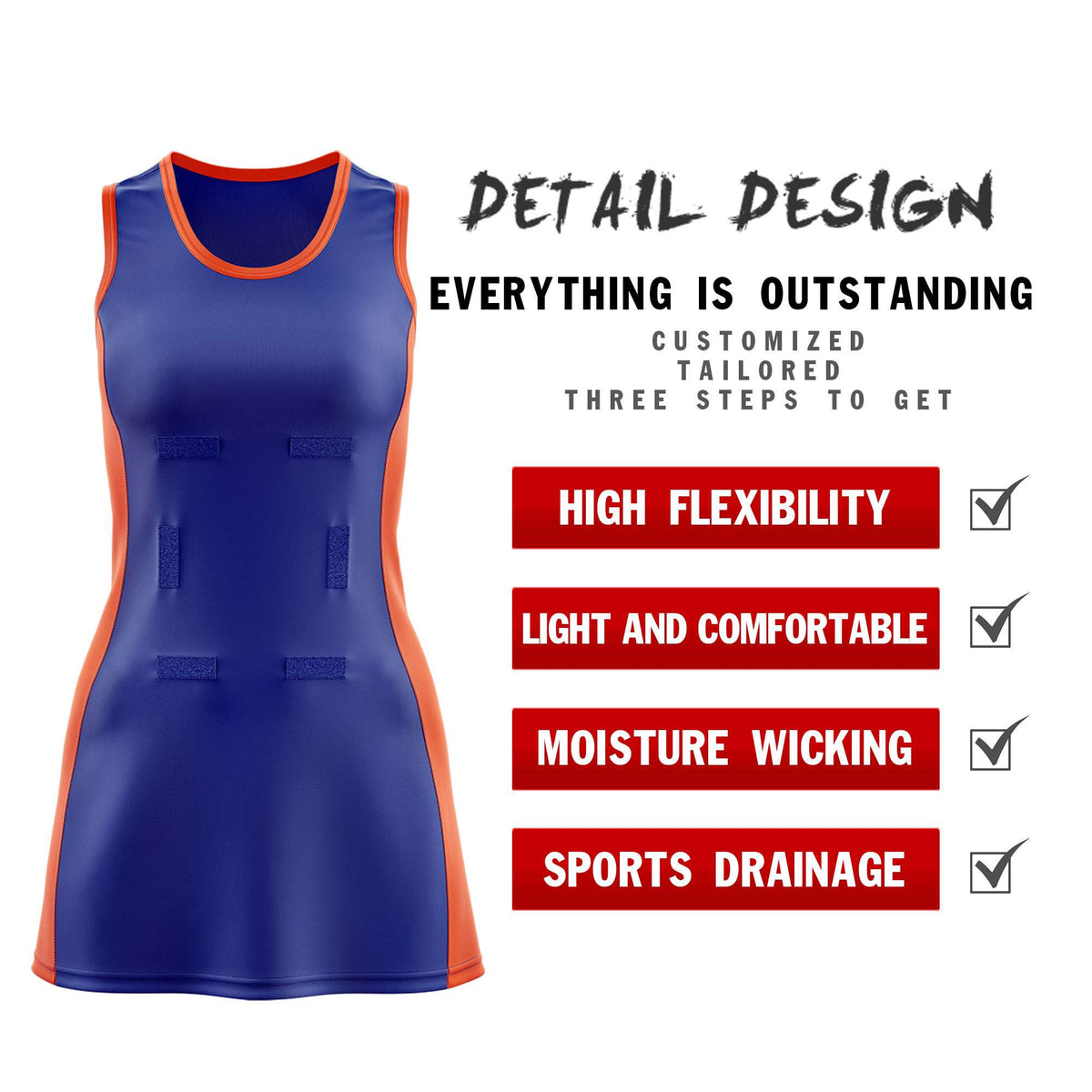Custom Royal Blue Orange Color Block Two Tone Netball Dresses