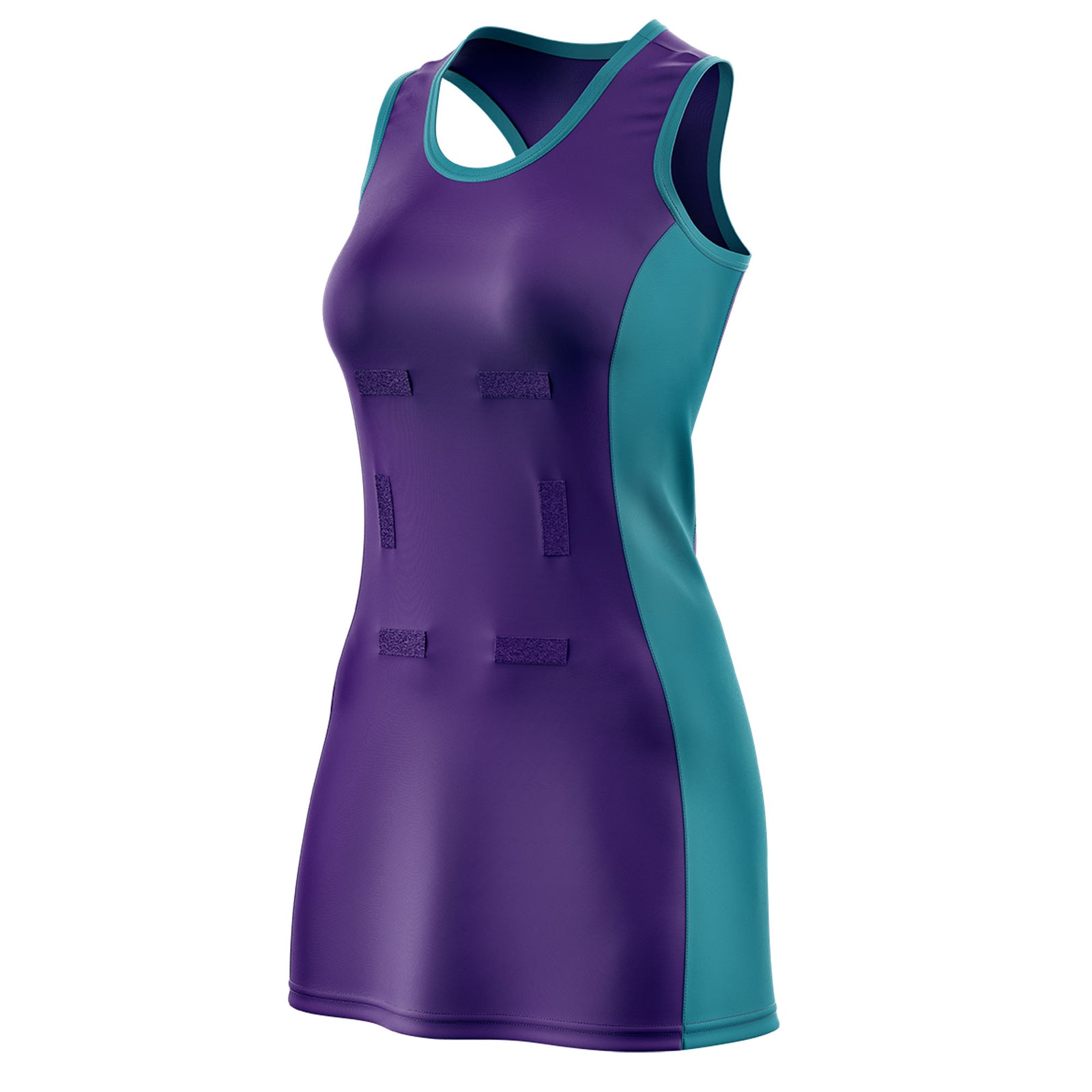 Custom Purple Teal Color Block Two Tone Netball Dresses