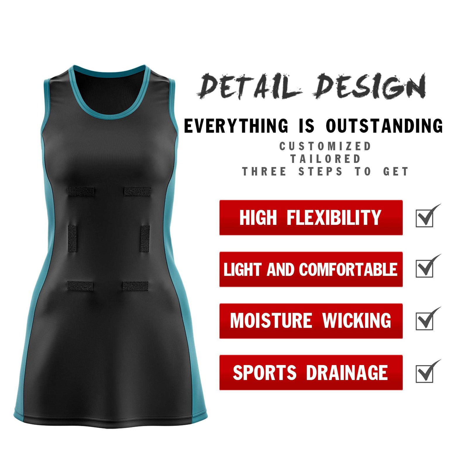 Custom Black Teal Color Block Two Tone Netball Dresses