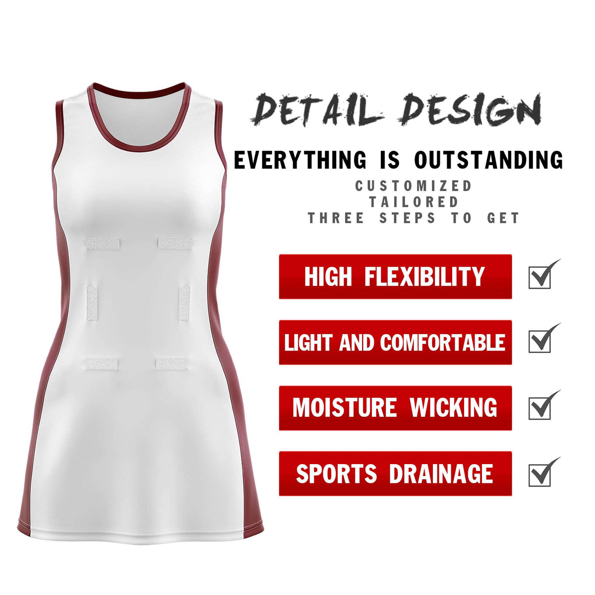 Custom White Maroon Color Block Two Tone Netball Dresses