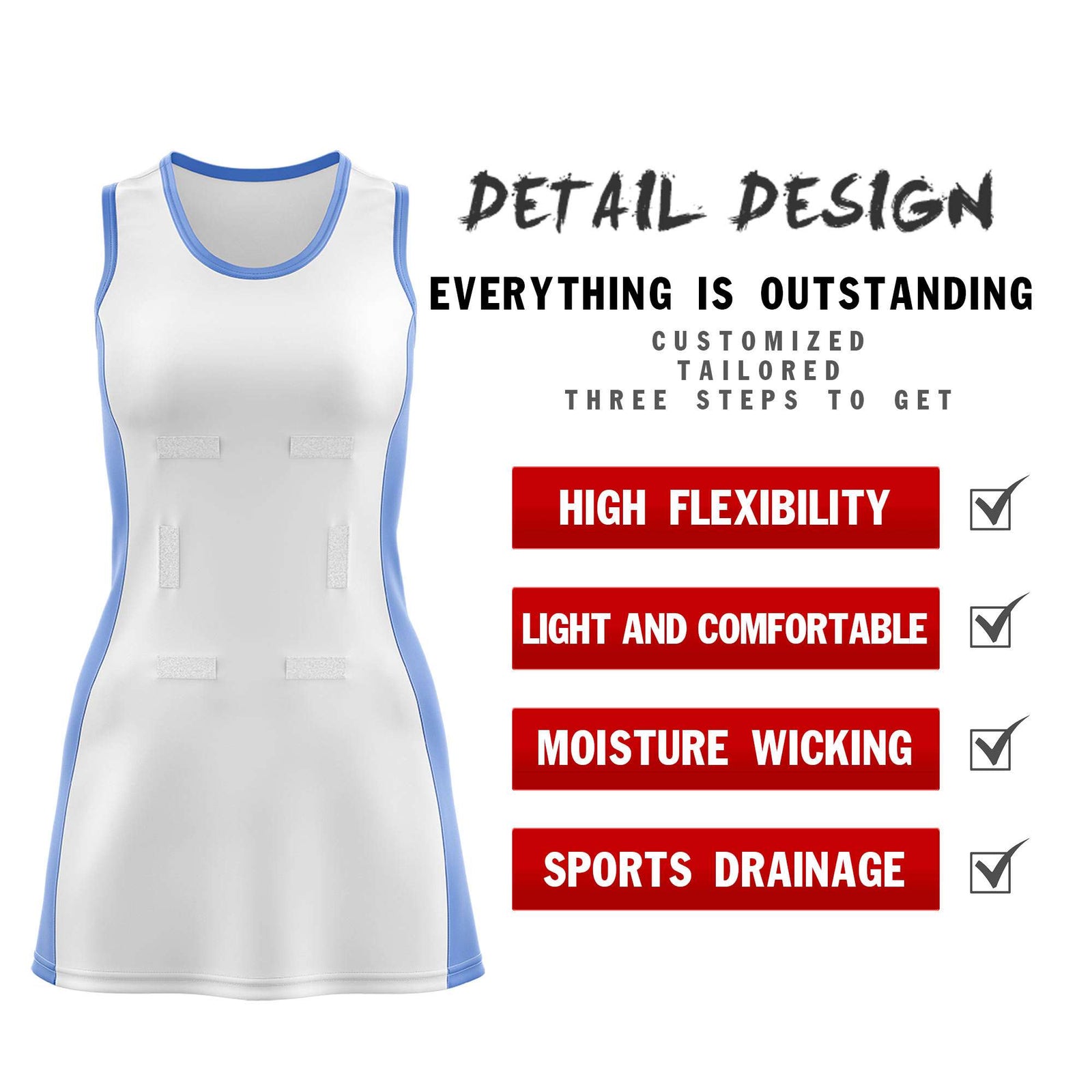 Custom White Powder Blue Color Block Two Tone Netball Dresses