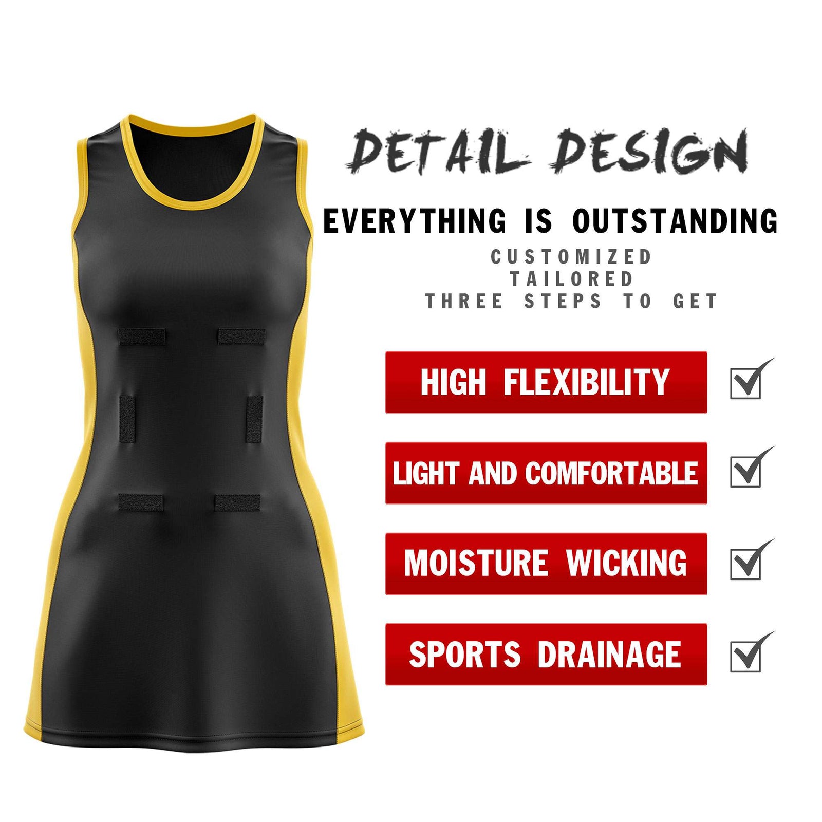 Custom Black Gold Color Block Two Tone Netball Dresses