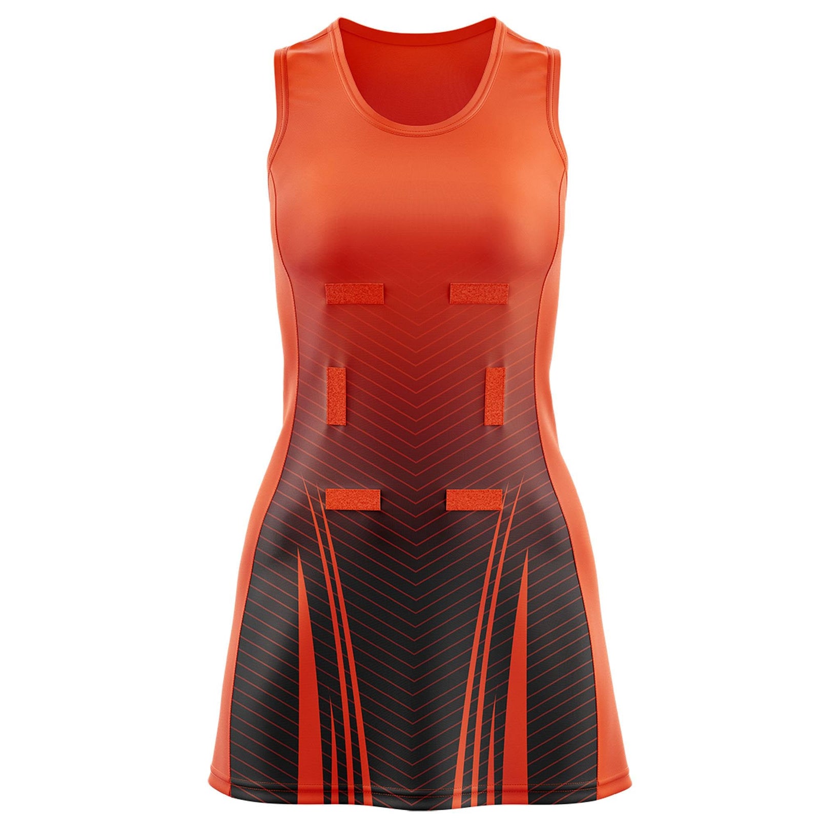 Custom Orange Black Netball Dresses With Diagonal Lines And Jagged Texture Patterns