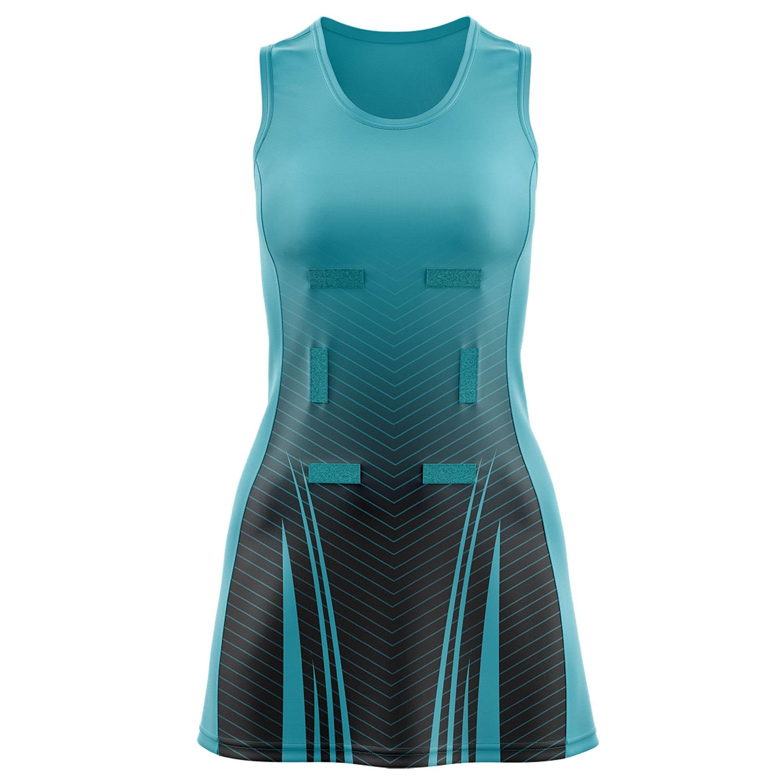 Custom Aqua Black Netball Dresses With Diagonal Lines And Jagged Texture Patterns