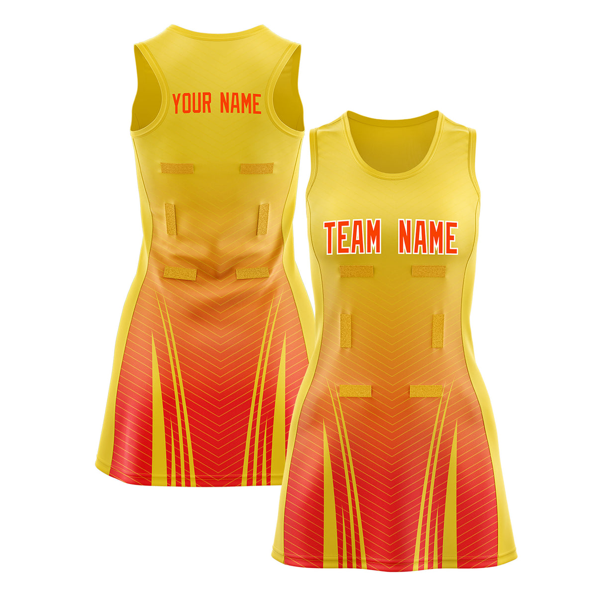 Custom Gold Orange Netball Dresses With Diagonal Lines And Jagged Texture Patterns