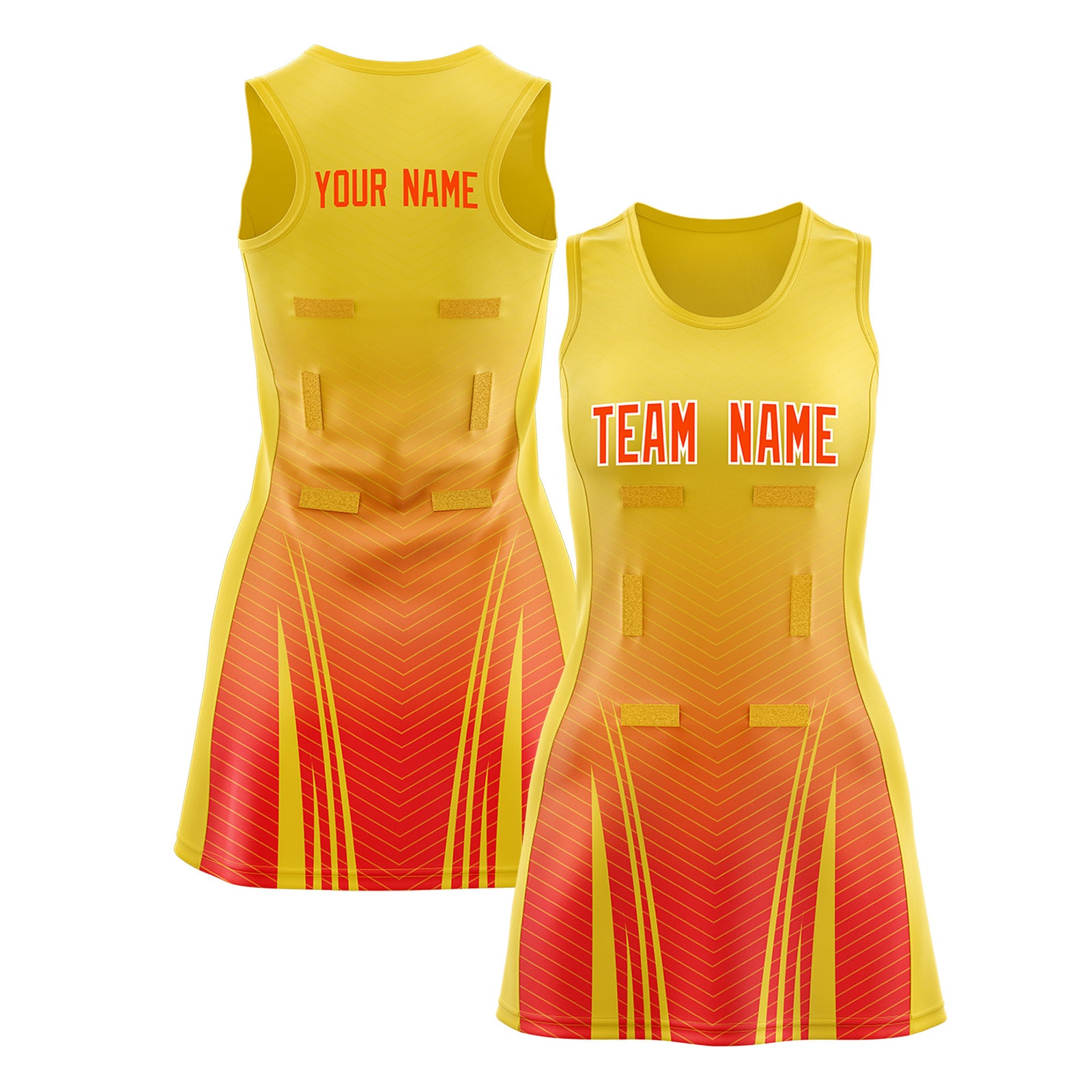 Custom Gold Orange Netball Dresses With Diagonal Lines And Jagged Texture Patterns