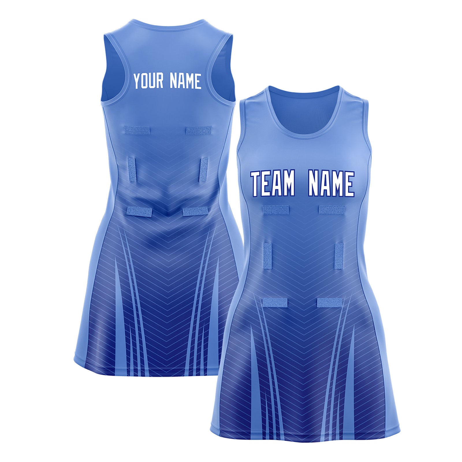 Custom Light Blue Royal Netball Dresses With Diagonal Lines And Jagged Texture Patterns