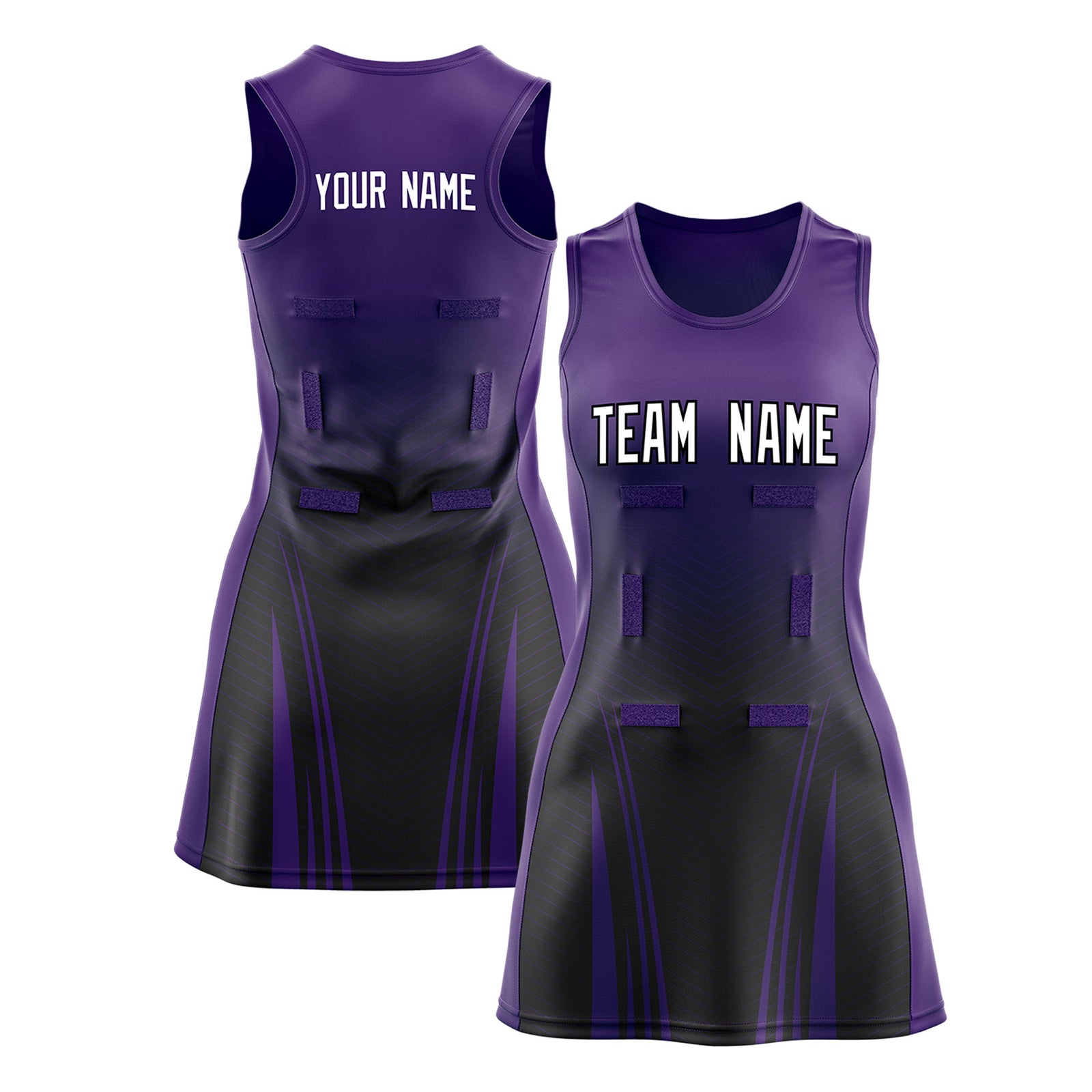 Custom Purple Black Netball Dresses With Diagonal Lines And Jagged Texture Patterns