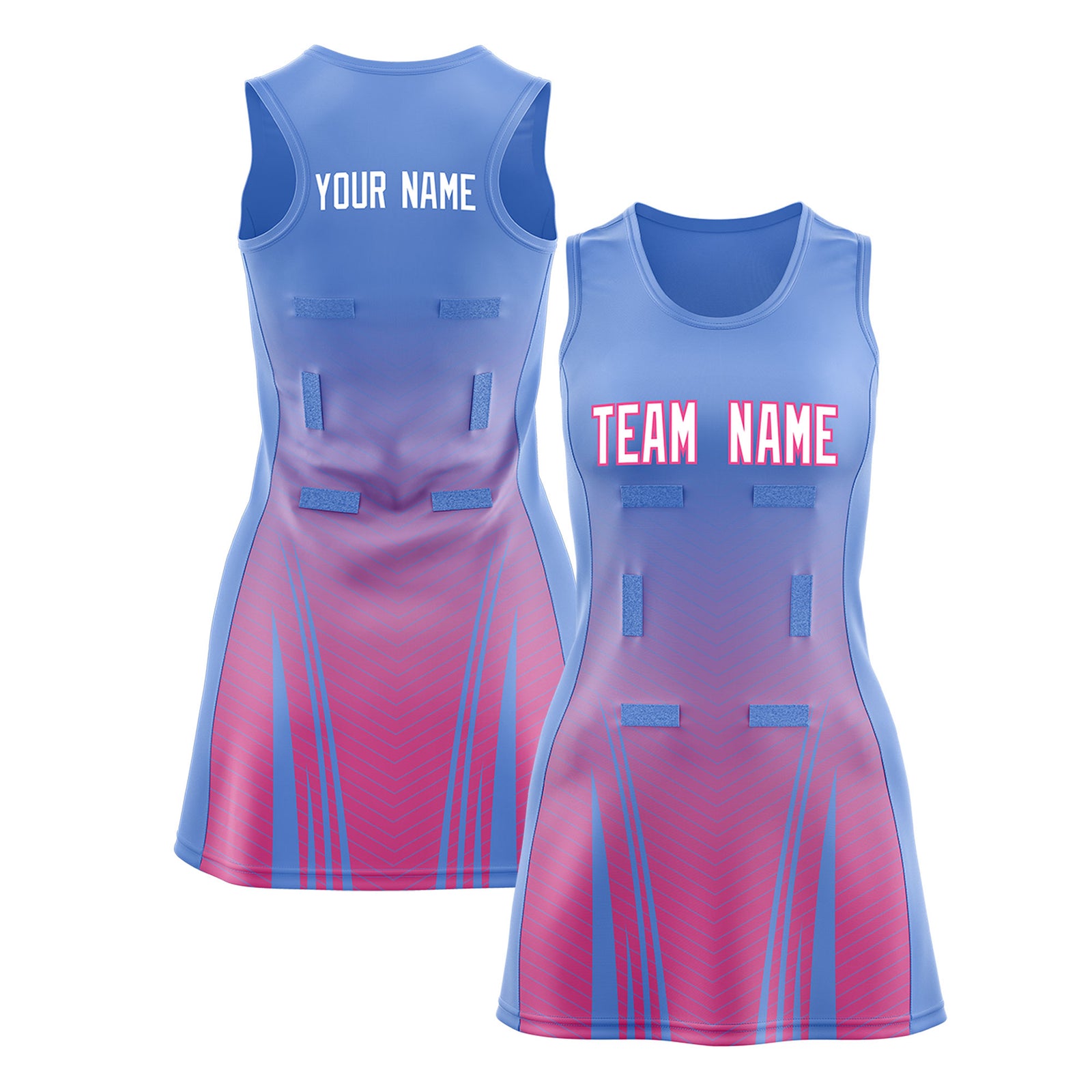 Custom Light Blue Pink Netball Dresses With Diagonal Lines And Jagged Texture Patterns