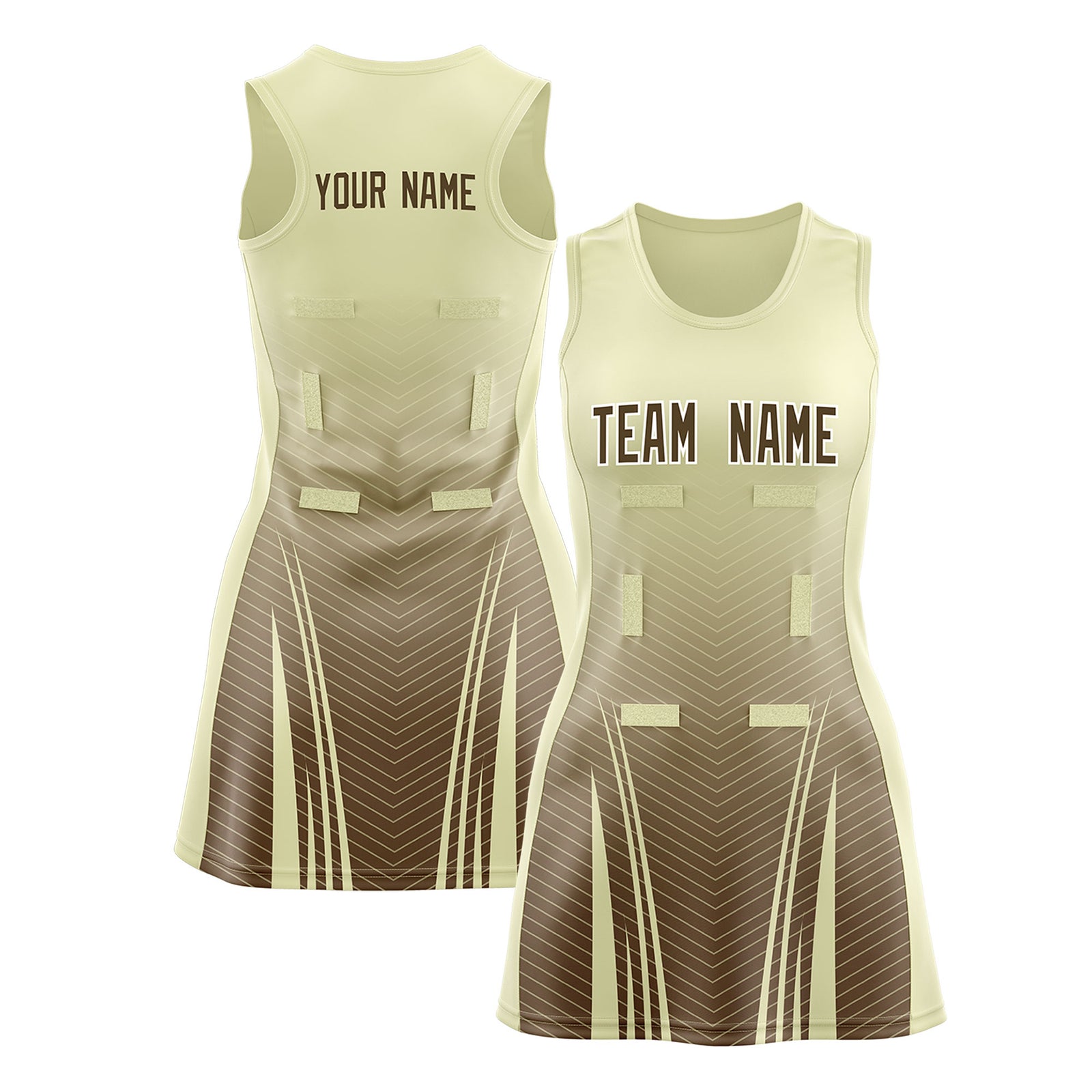 Custom Cream Light Brown Netball Dresses With Diagonal Lines And Jagged Texture Patterns