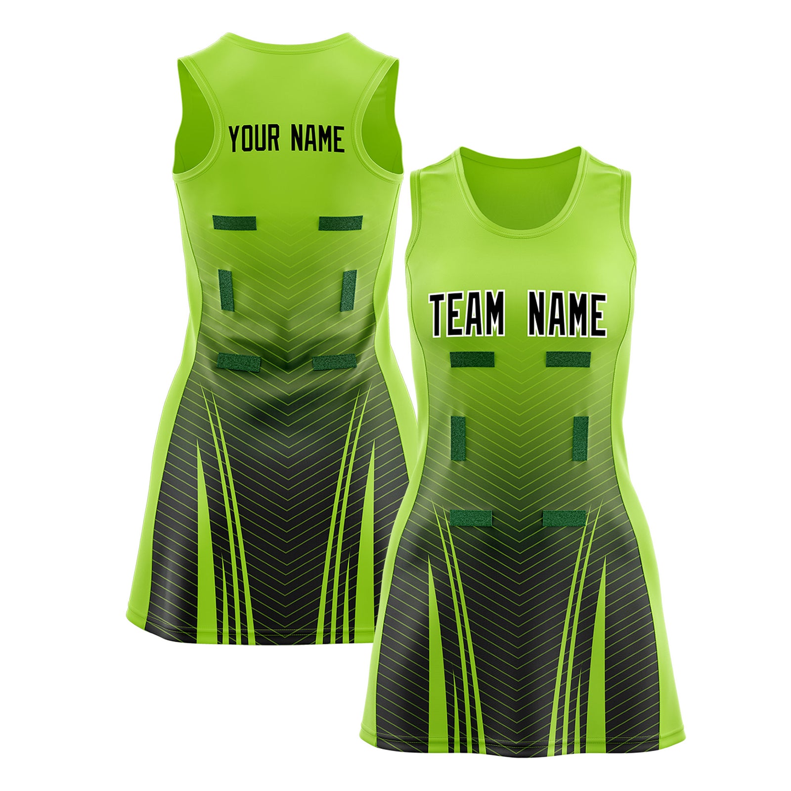 Custom Neon Green Black Netball Dresses With Diagonal Lines And Jagged Texture Patterns