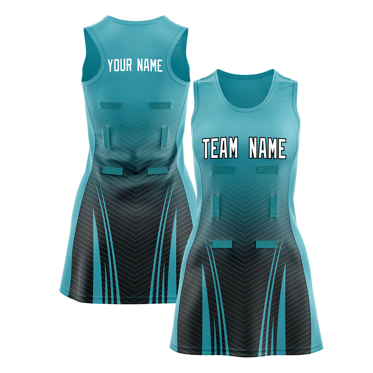 Custom Aqua Black Netball Dresses With Diagonal Lines And Jagged Texture Patterns