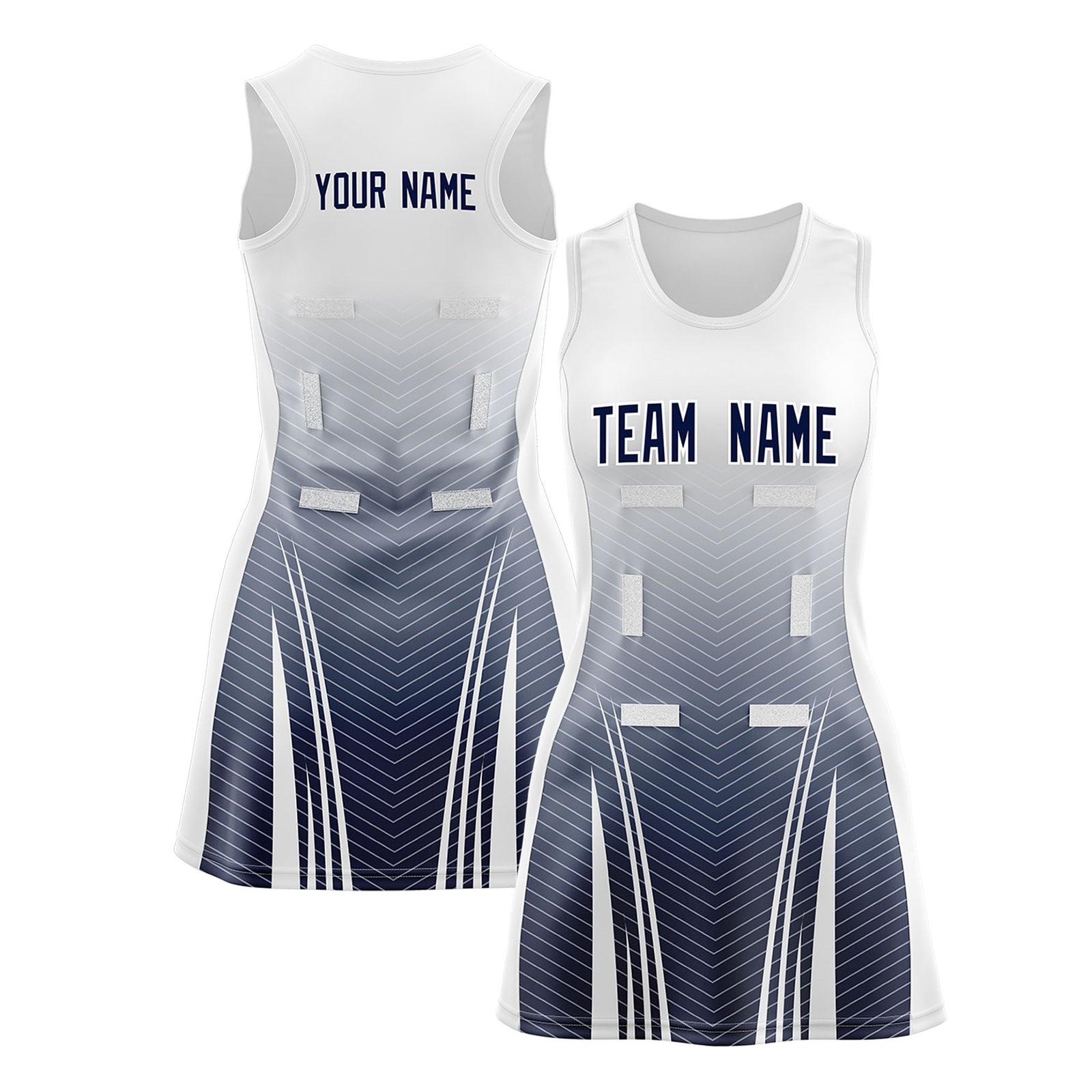 Custom White Navy Netball Dresses With Diagonal Lines And Jagged Texture Patterns