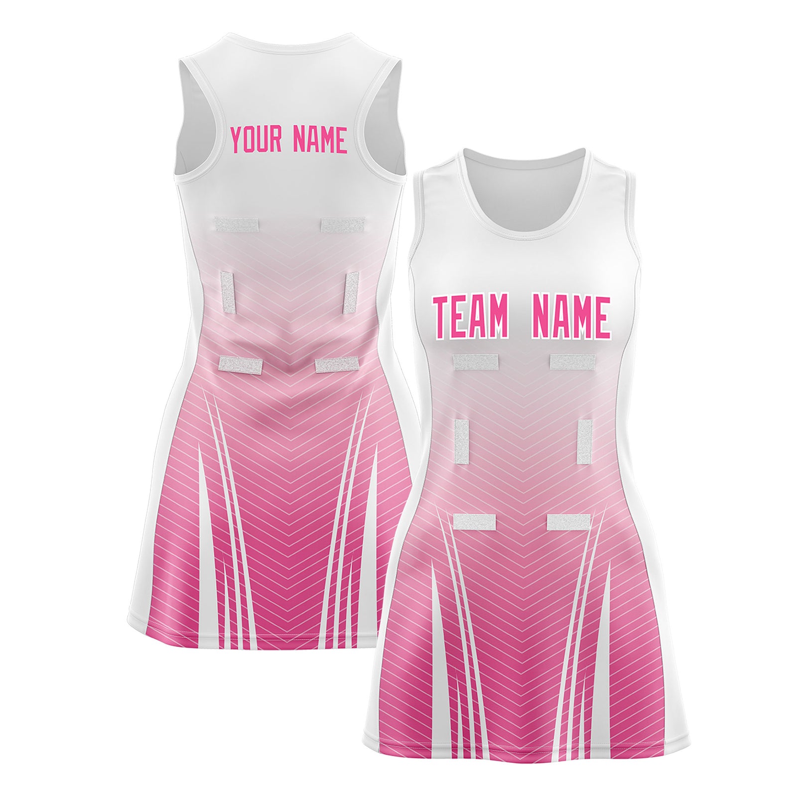 Custom White Pink Netball Dresses With Diagonal Lines And Jagged Texture Patterns